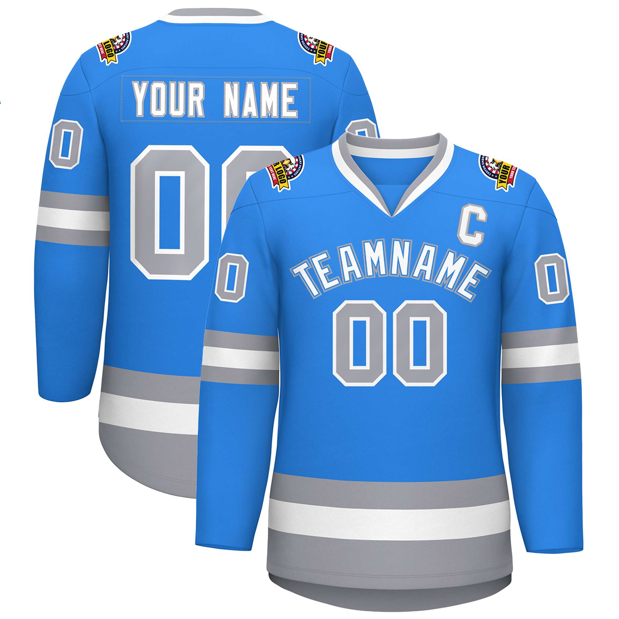 Custom Powder Blue White Powder Blue-Gray Classic Style Hockey Jersey