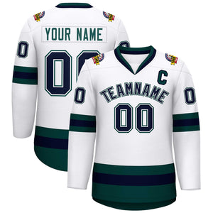 Custom White Navy White-Midnight Green Classic Style Hockey Jersey