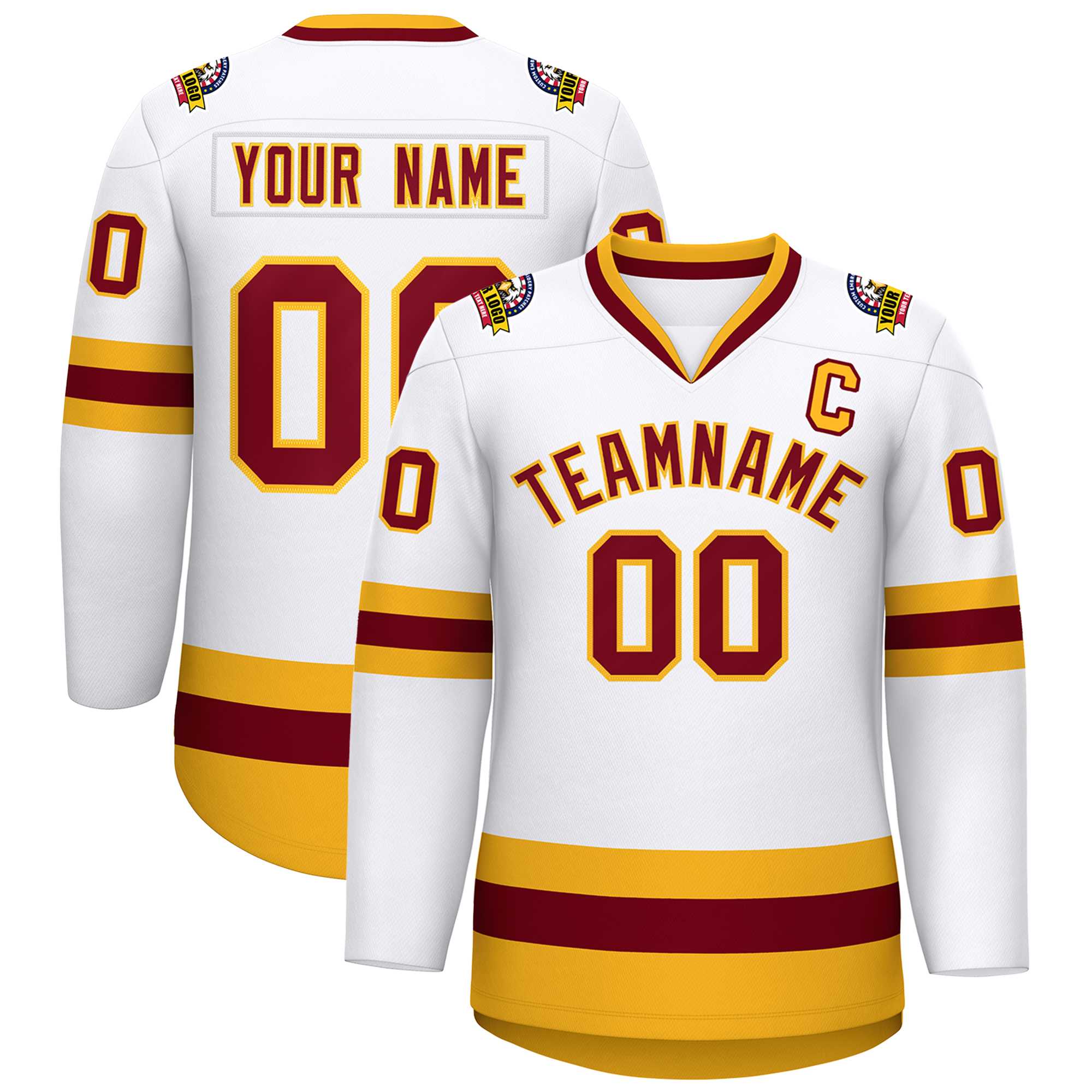 Custom White Crimson-Gold Classic Style Hockey Jersey