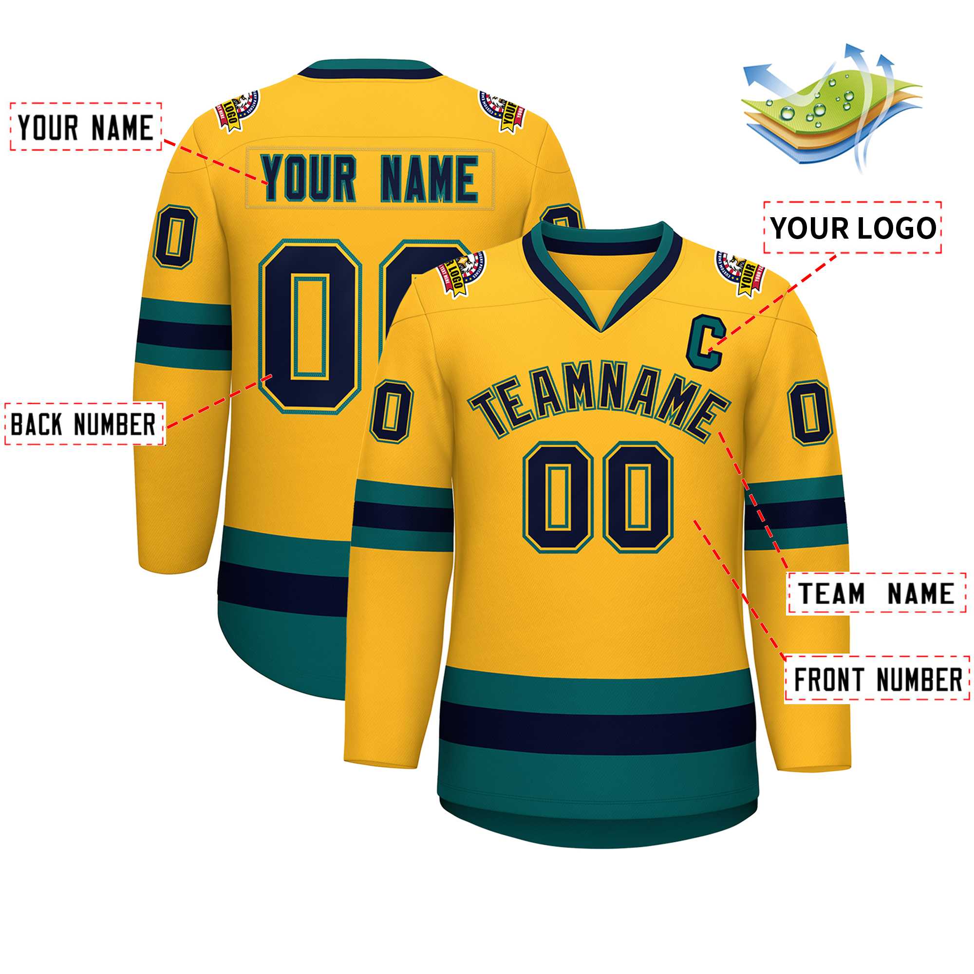 Maillot de hockey personnalisé de style classique Gold Navy Gold-Aqua