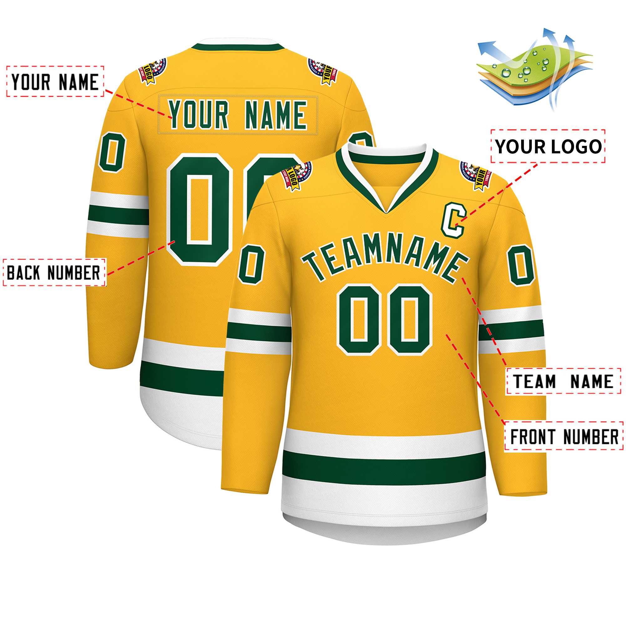 Custom Gold Green-White Classic Style Hockey Jersey