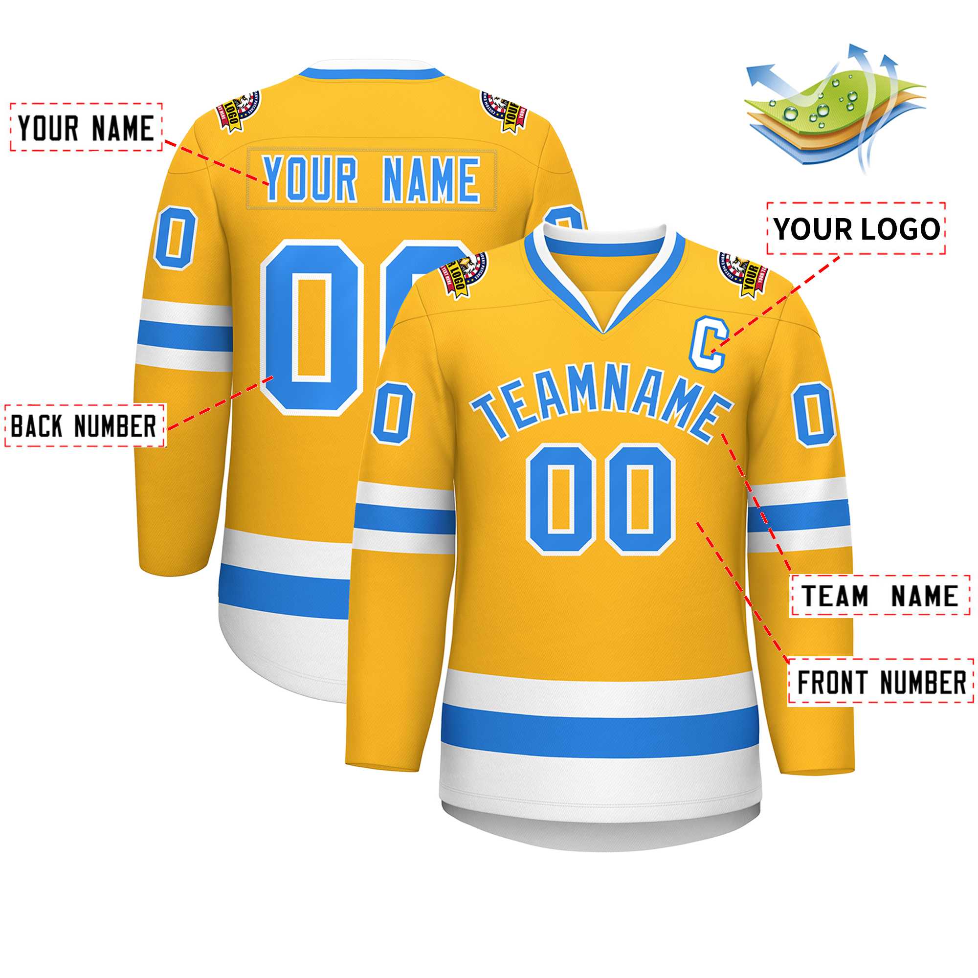 Custom Gold Powder Blue-White Classic Style Hockey Jersey