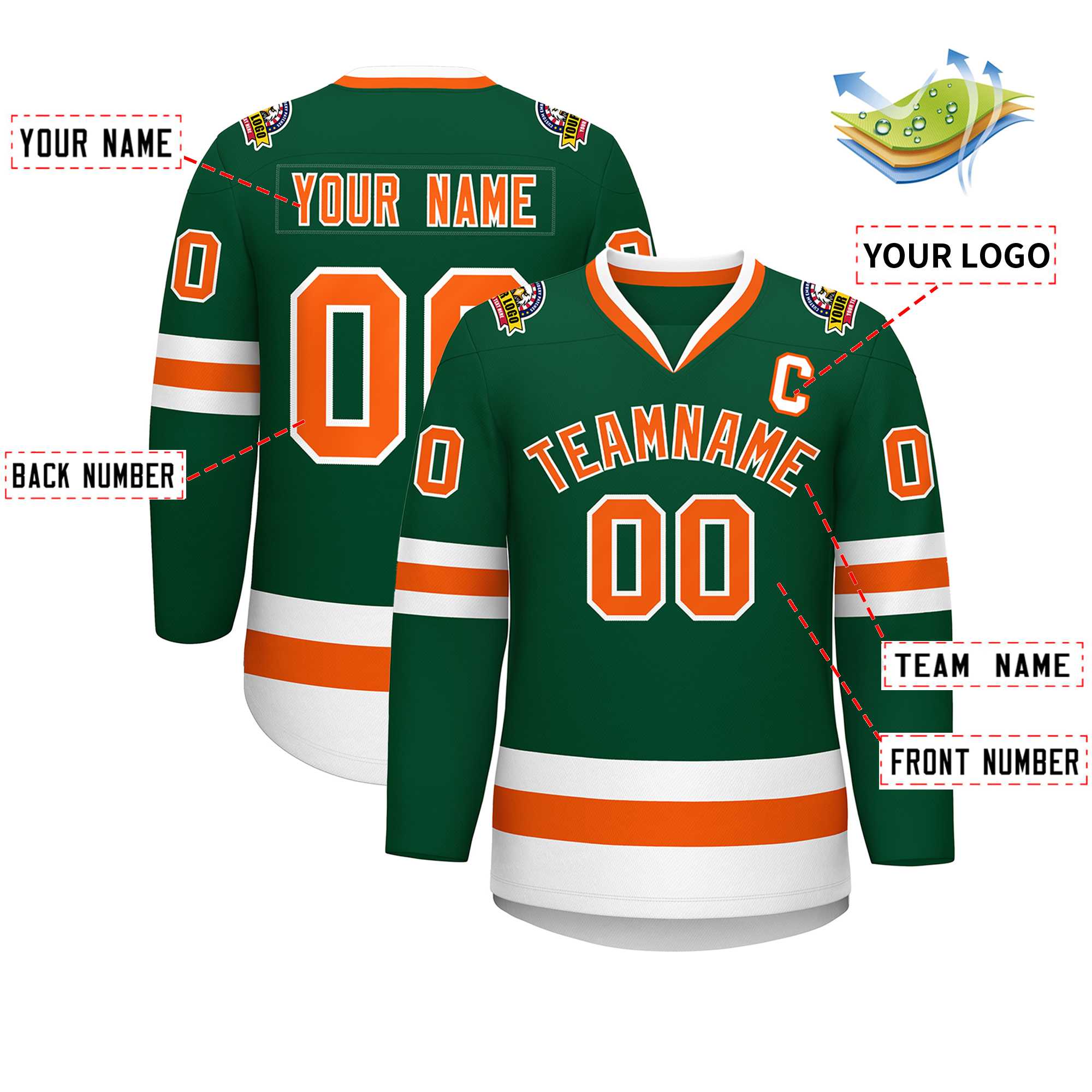 Custom Green Orange-White Classic Style Hockey Jersey