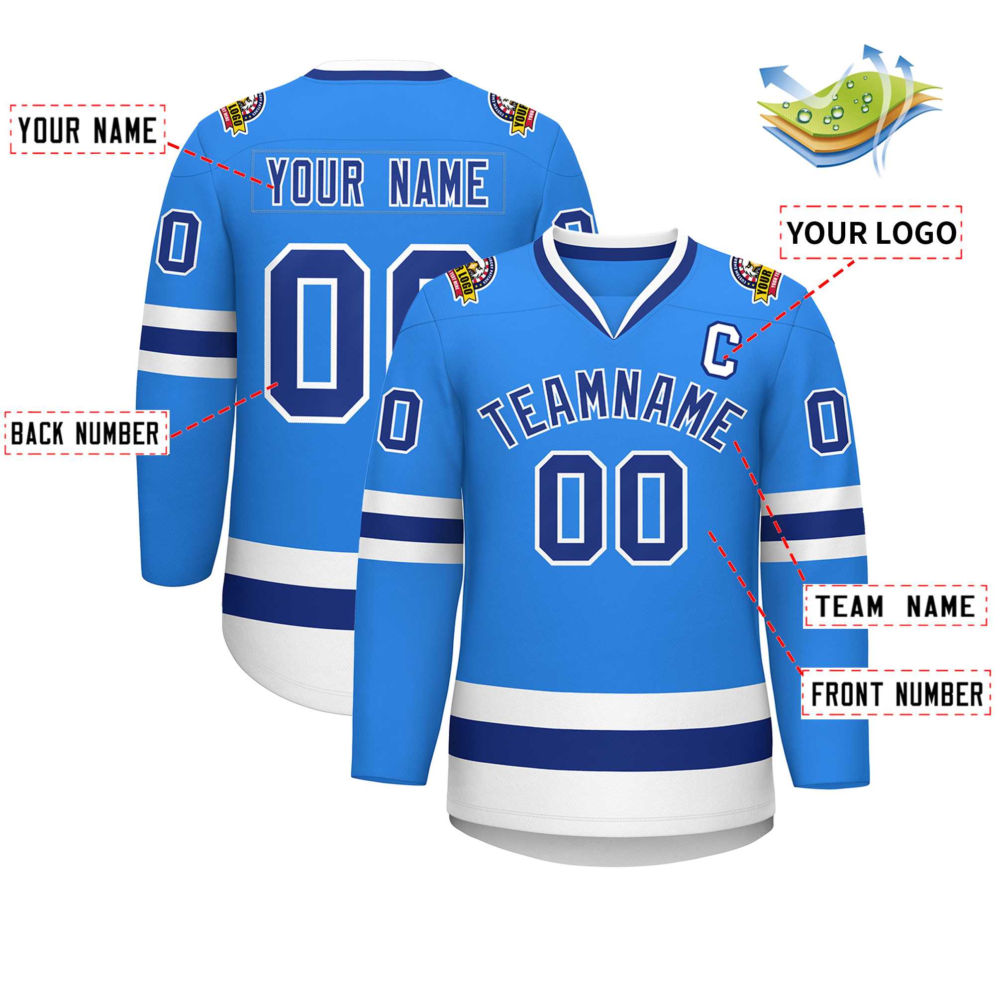 Maillot de hockey de style classique bleu poudre personnalisé Royal-White