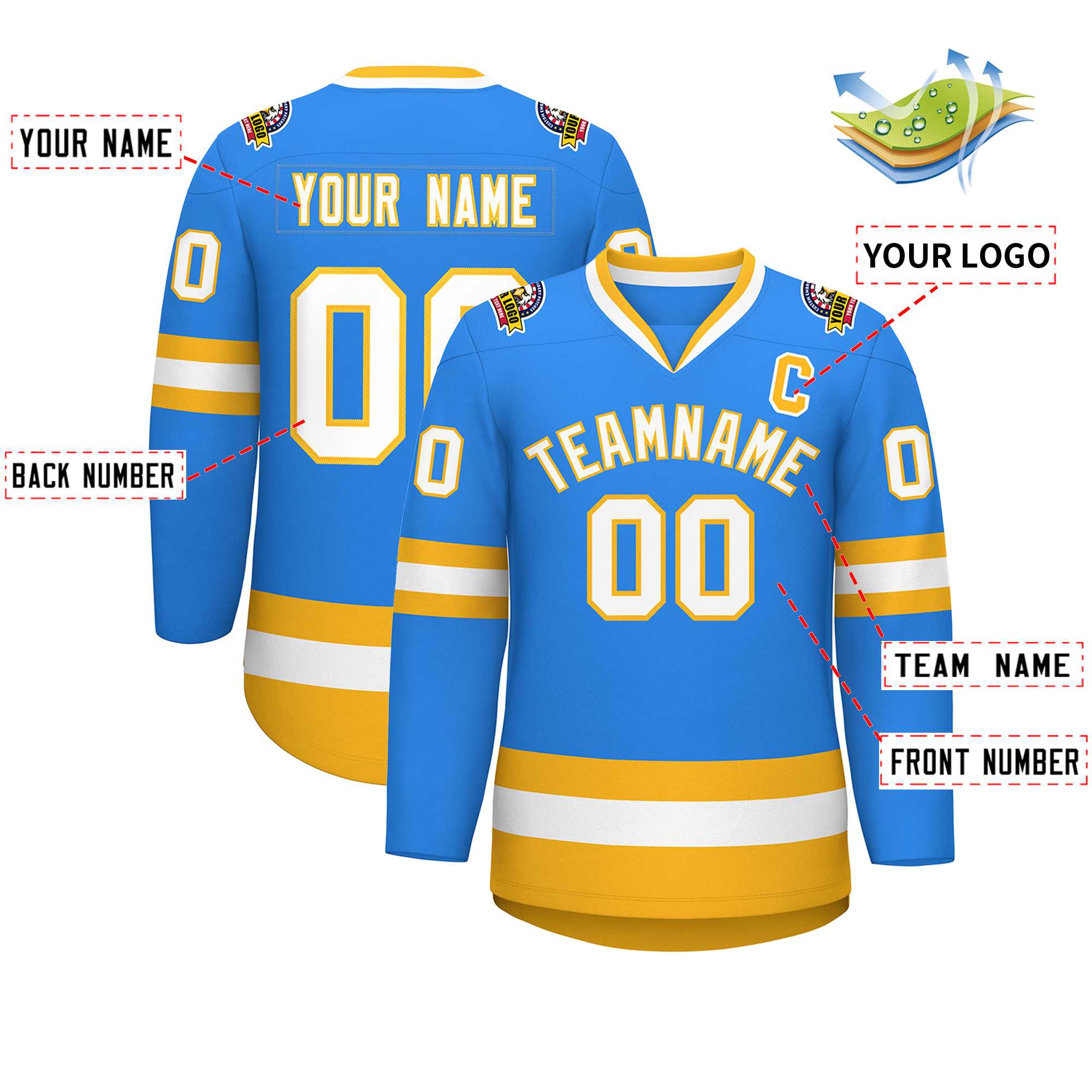 Custom Powder Blue White-Gold Classic Style Hockey Jersey