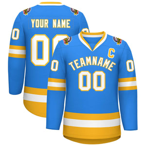 Custom Powder Blue White-Gold Classic Style Hockey Jersey