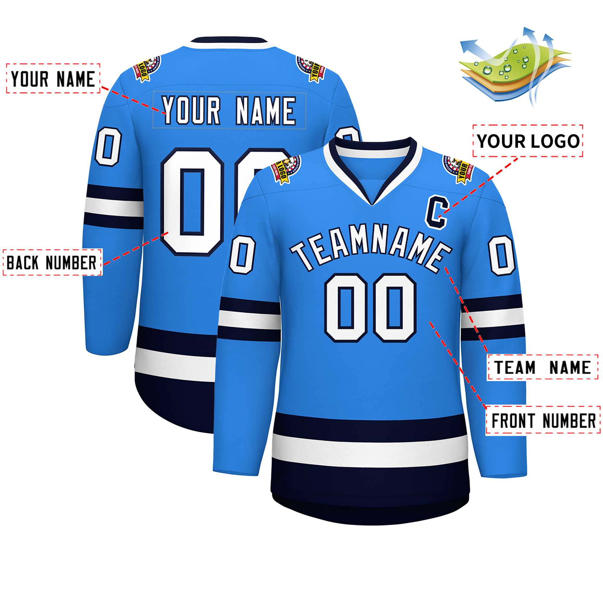 Maillot de hockey de style classique bleu poudre blanc-marine personnalisé