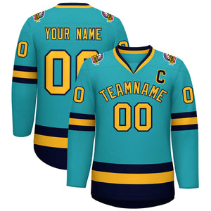 Custom Aqua Gold-Navy Classic Style Hockey Jersey