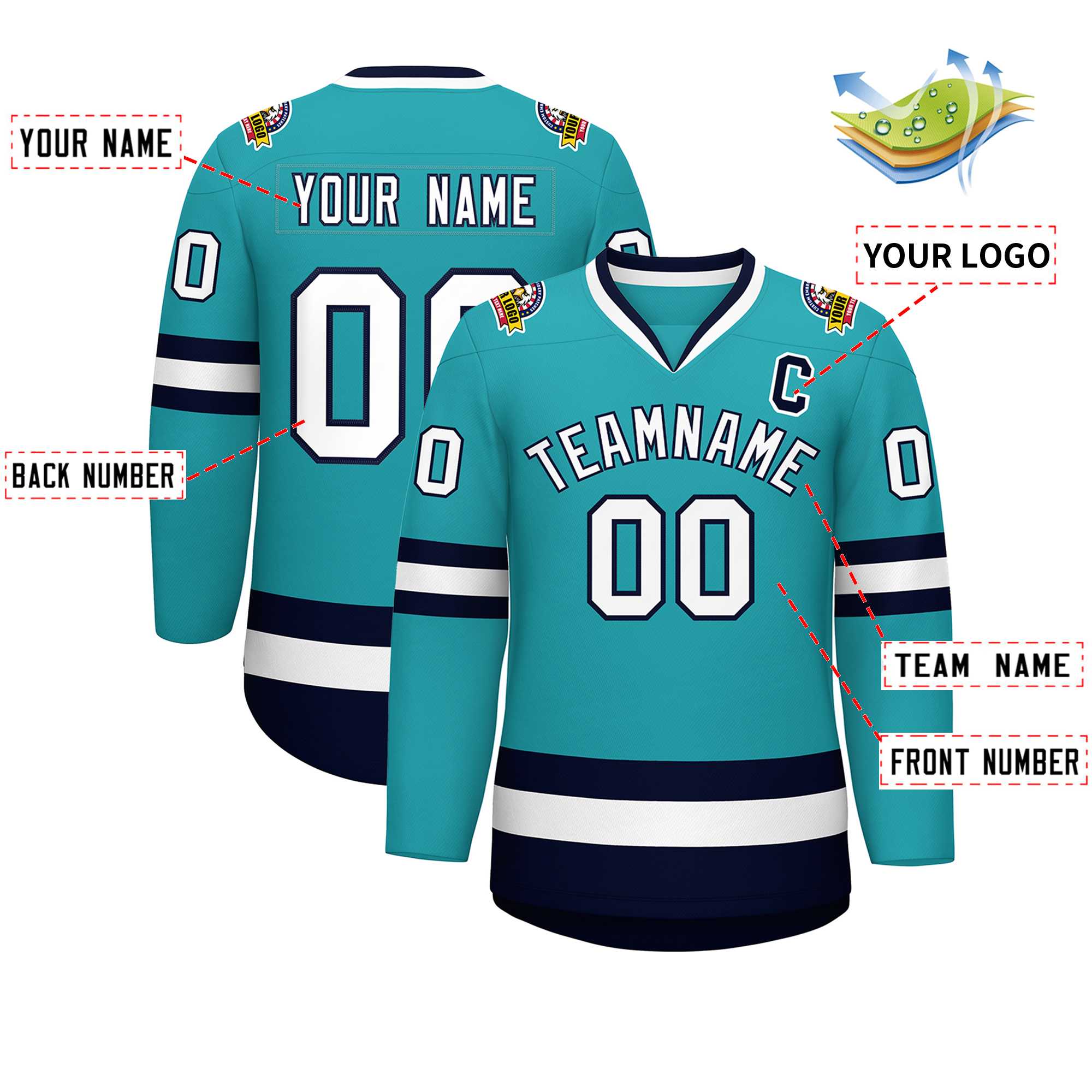 Maillot de hockey de style classique Aqua blanc-marine personnalisé