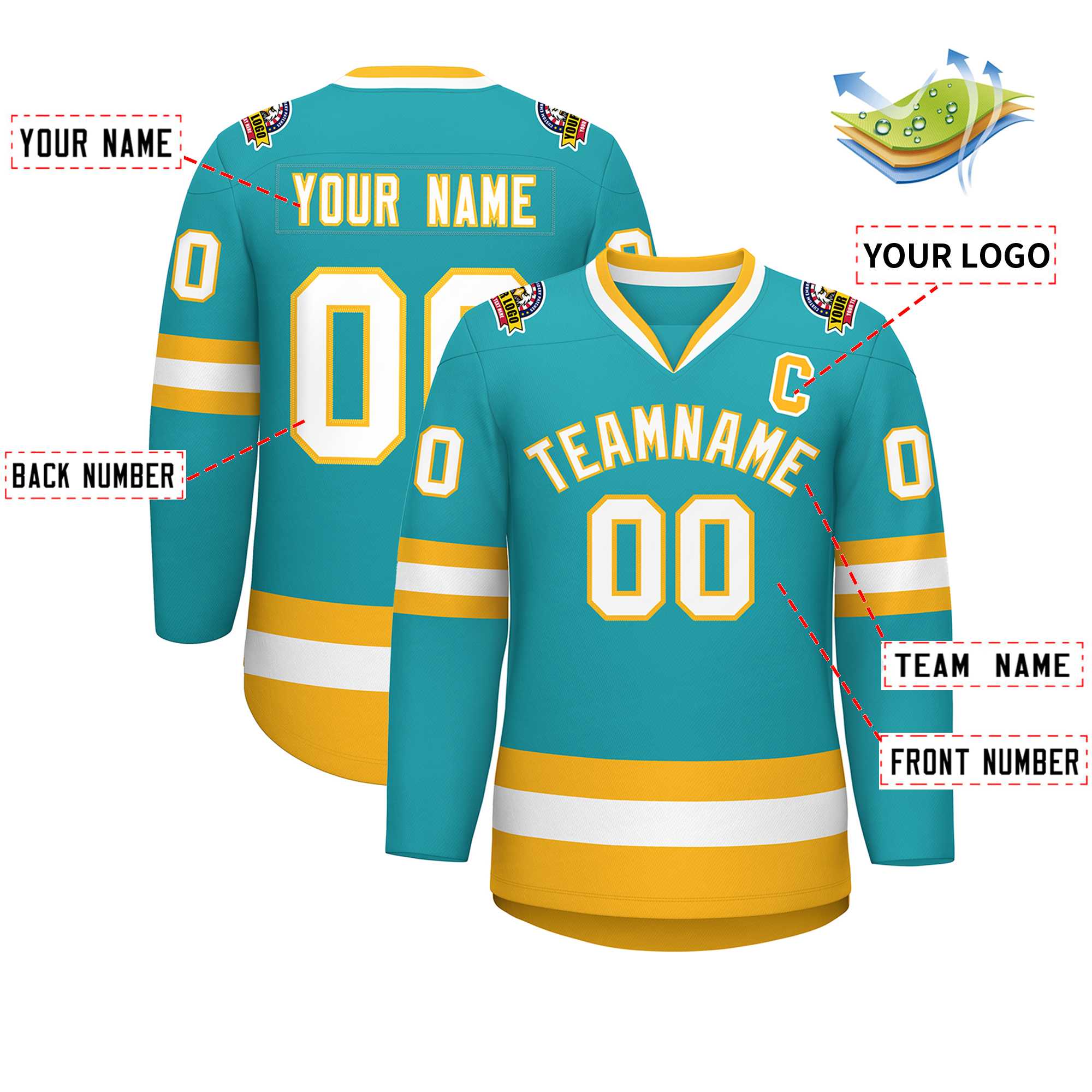 Custom Aqua White-Gold Classic Style Hockey Jersey