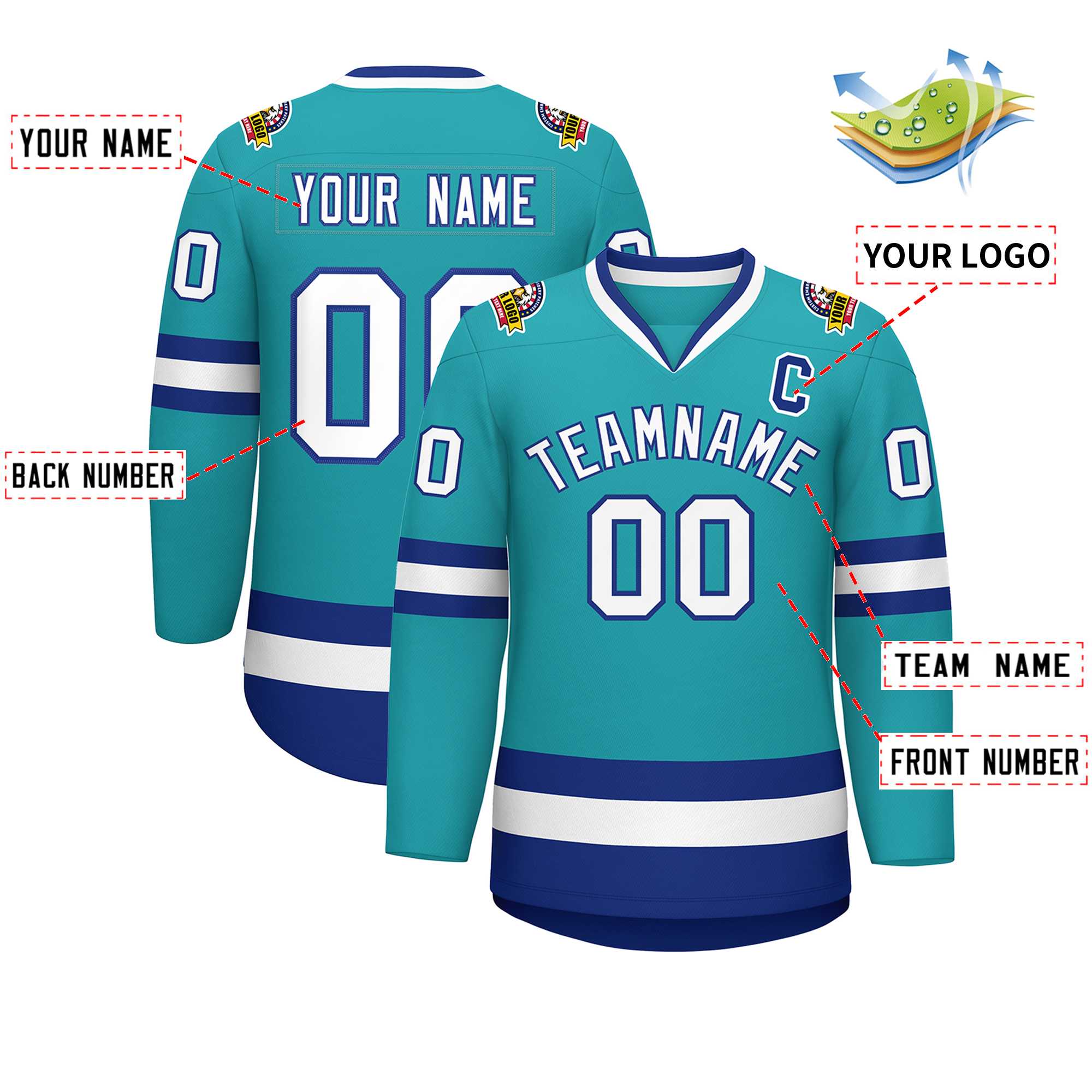 Custom Aqua White-Royal Classic Style Hockey Jersey