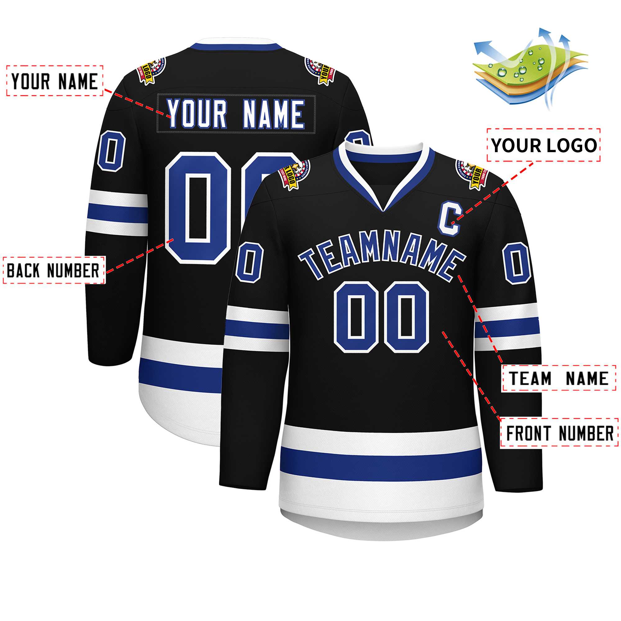 Custom Black Royal-White Classic Style Hockey Jersey