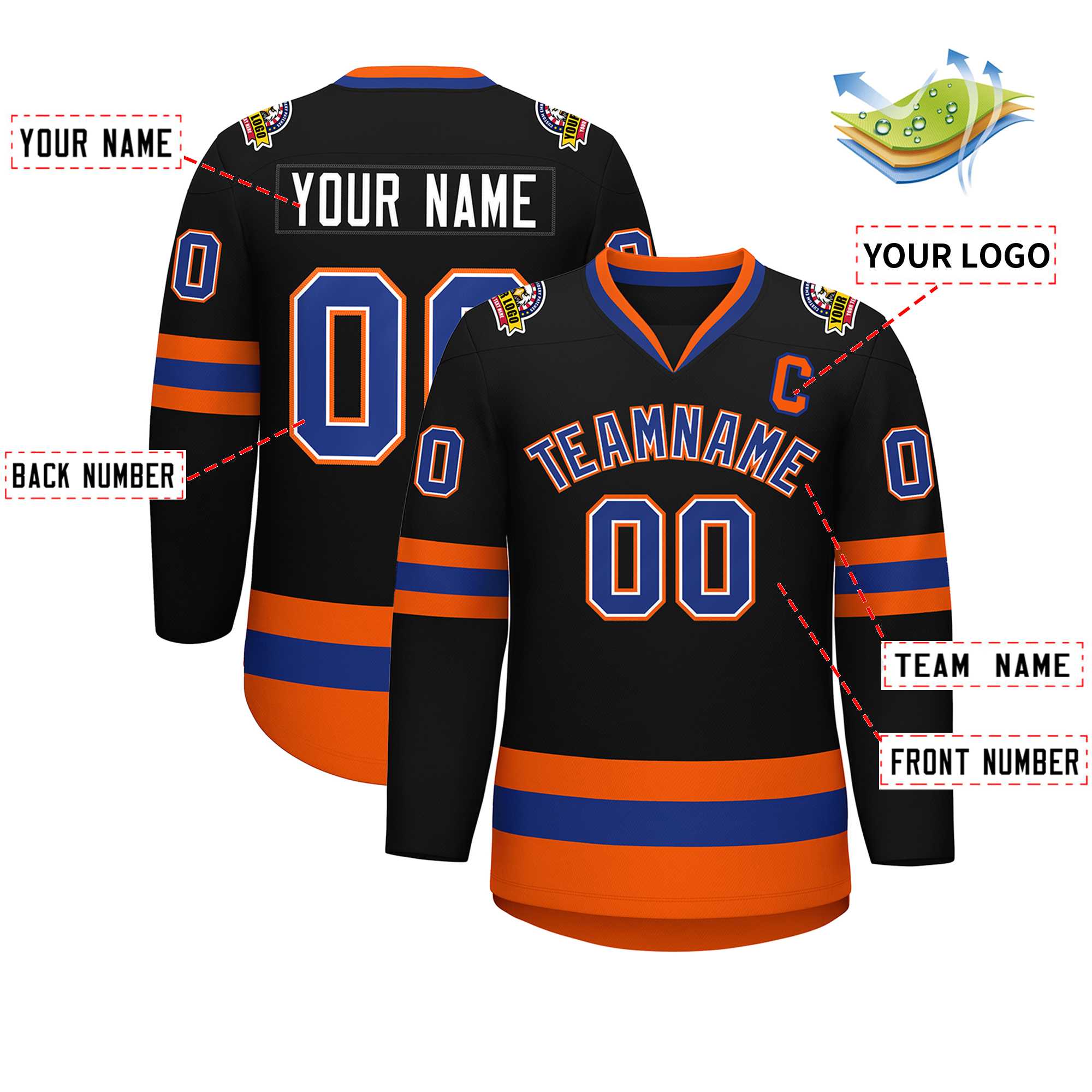 Maillot de hockey de style classique noir royal blanc-orange personnalisé