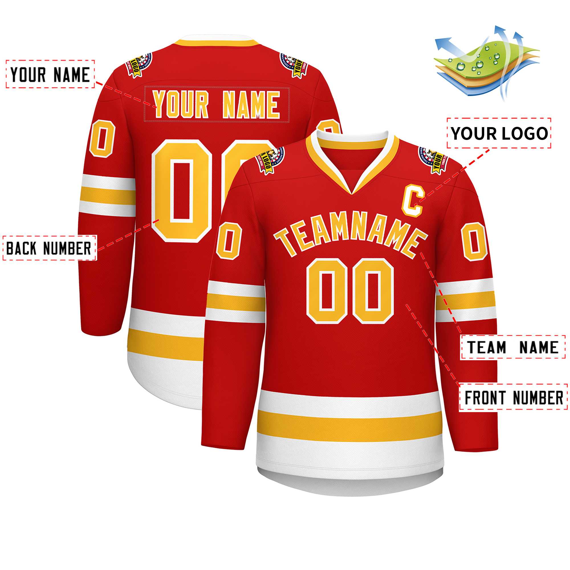 Maillot de hockey de style classique personnalisé rouge or-blanc