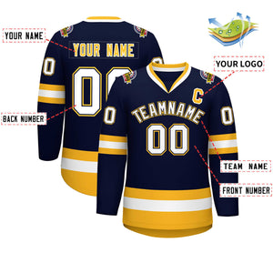 Custom Navy White Navy-Gold Classic Style Hockey Jersey