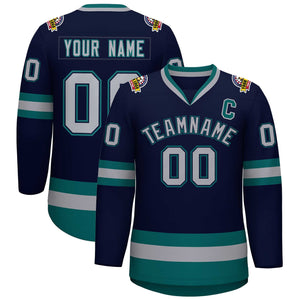 Custom Navy Gray Navy-Aqua Classic Style Hockey Jersey