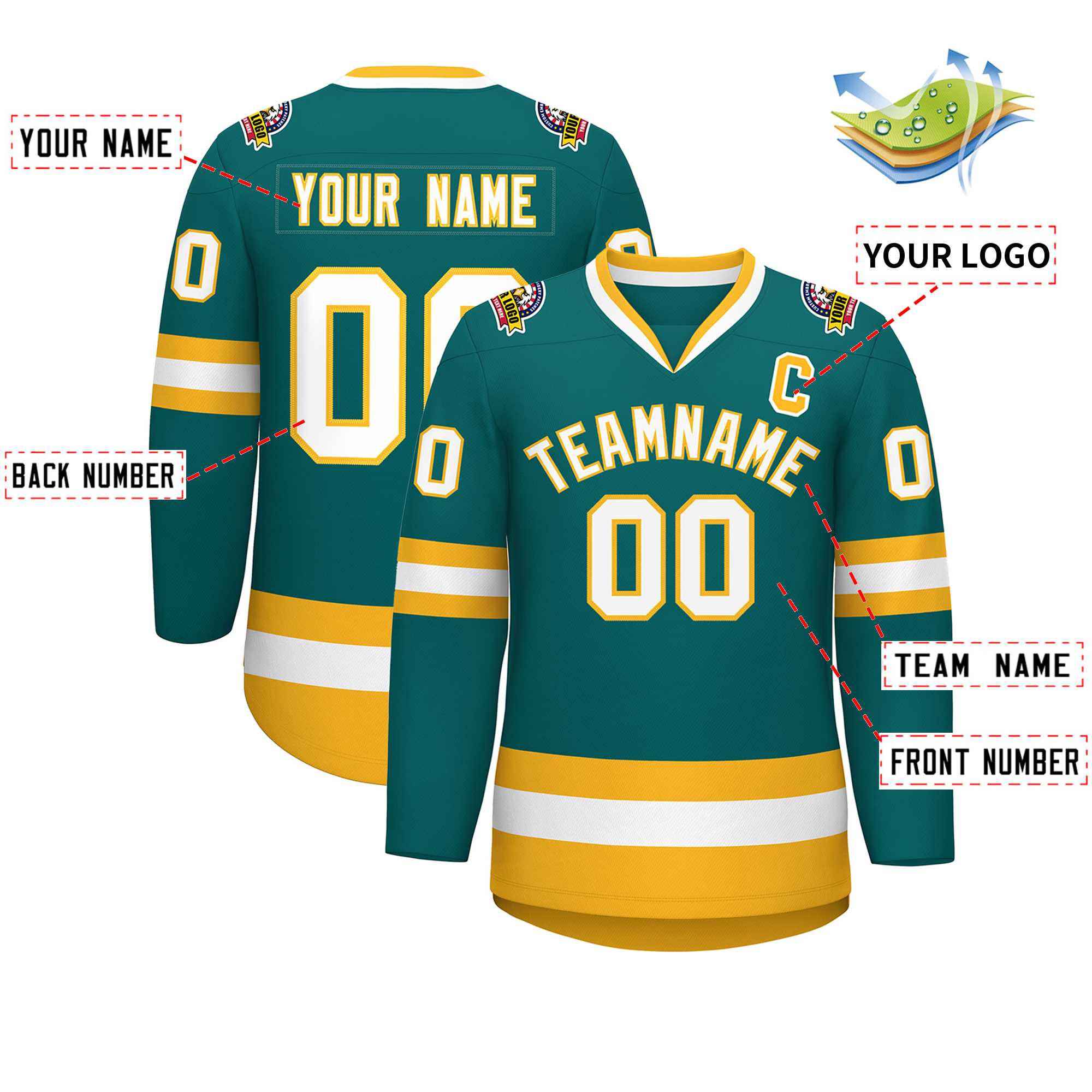 Custom Teal White-Gold Classic Style Hockey Jersey