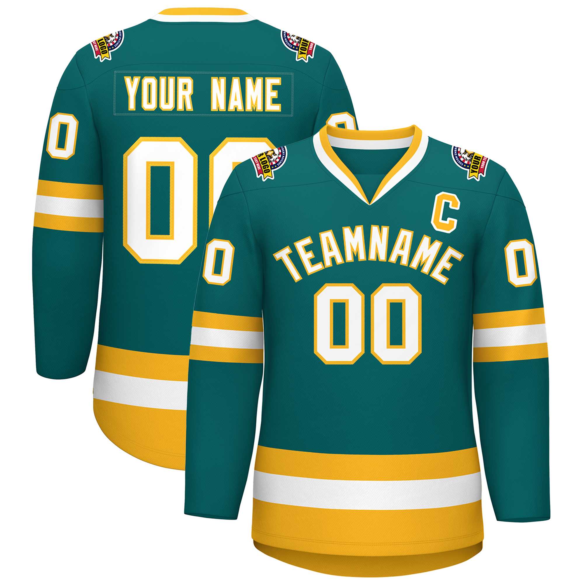 Custom Teal White-Gold Classic Style Hockey Jersey