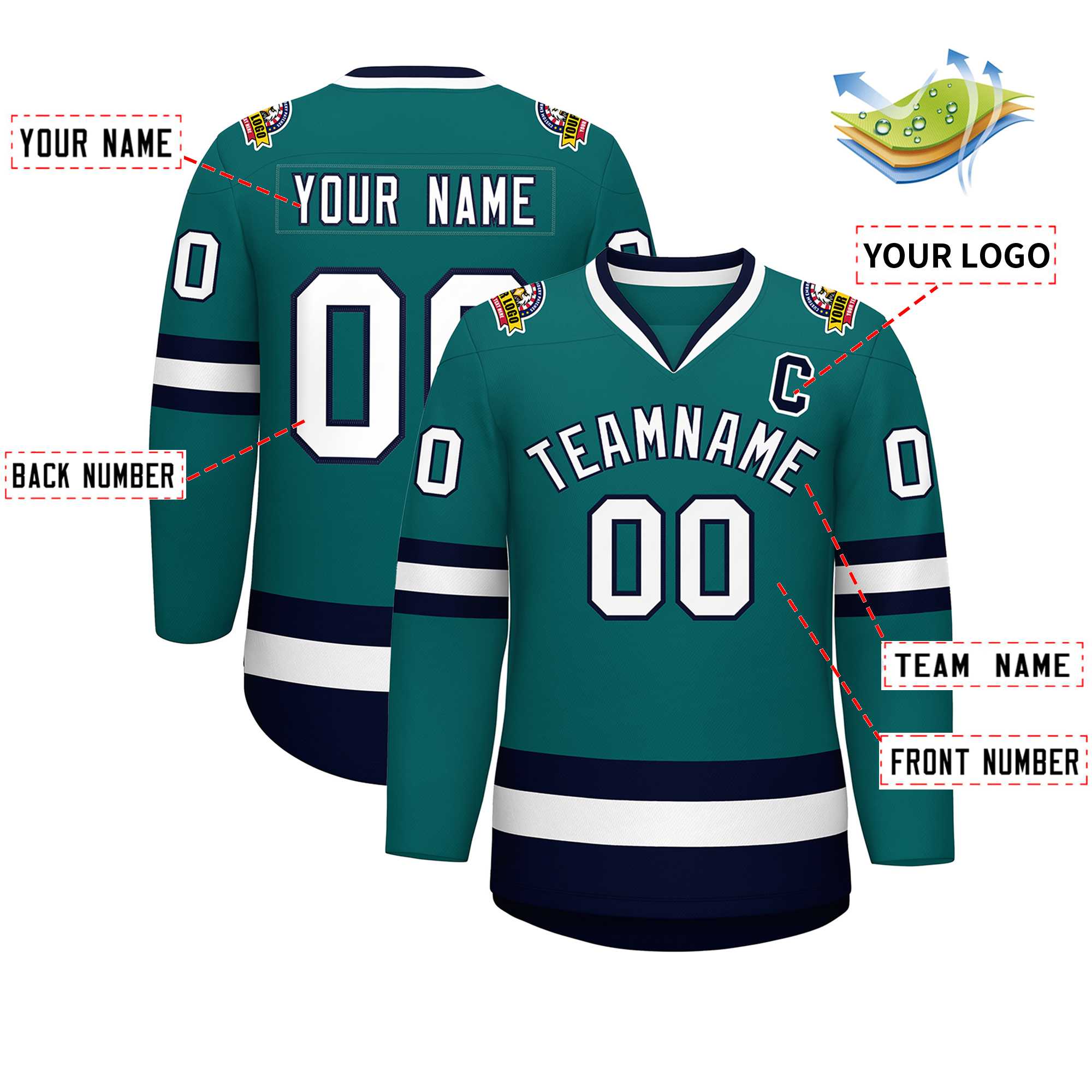 Custom Teal White-Navy Classic Style Hockey Jersey