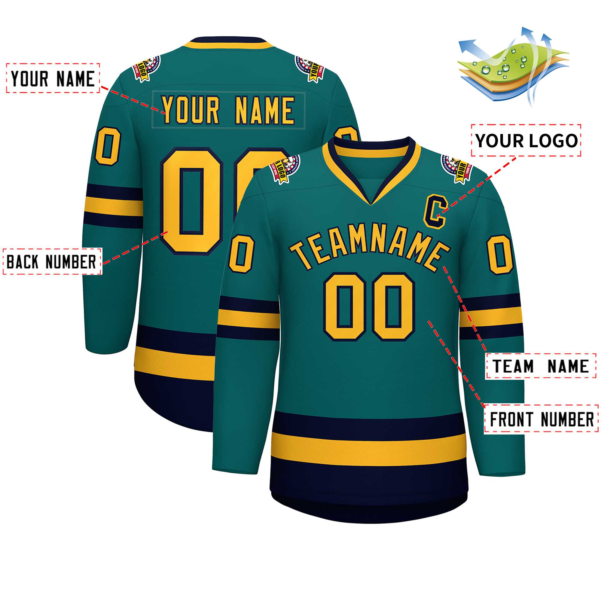 Custom Teal Gold-Navy Classic Style Hockey Jersey