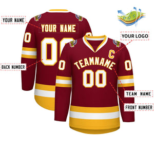 Custom Crimson White-Gold Classic Style Hockey Jersey