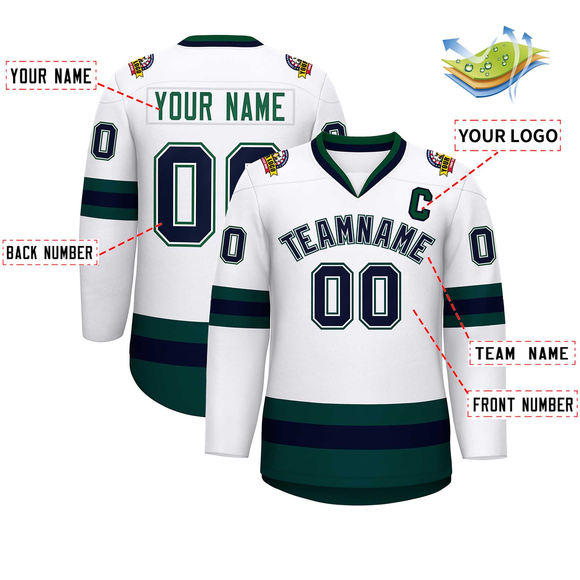 Maillot de hockey de style classique blanc-vert personnalisé blanc marine