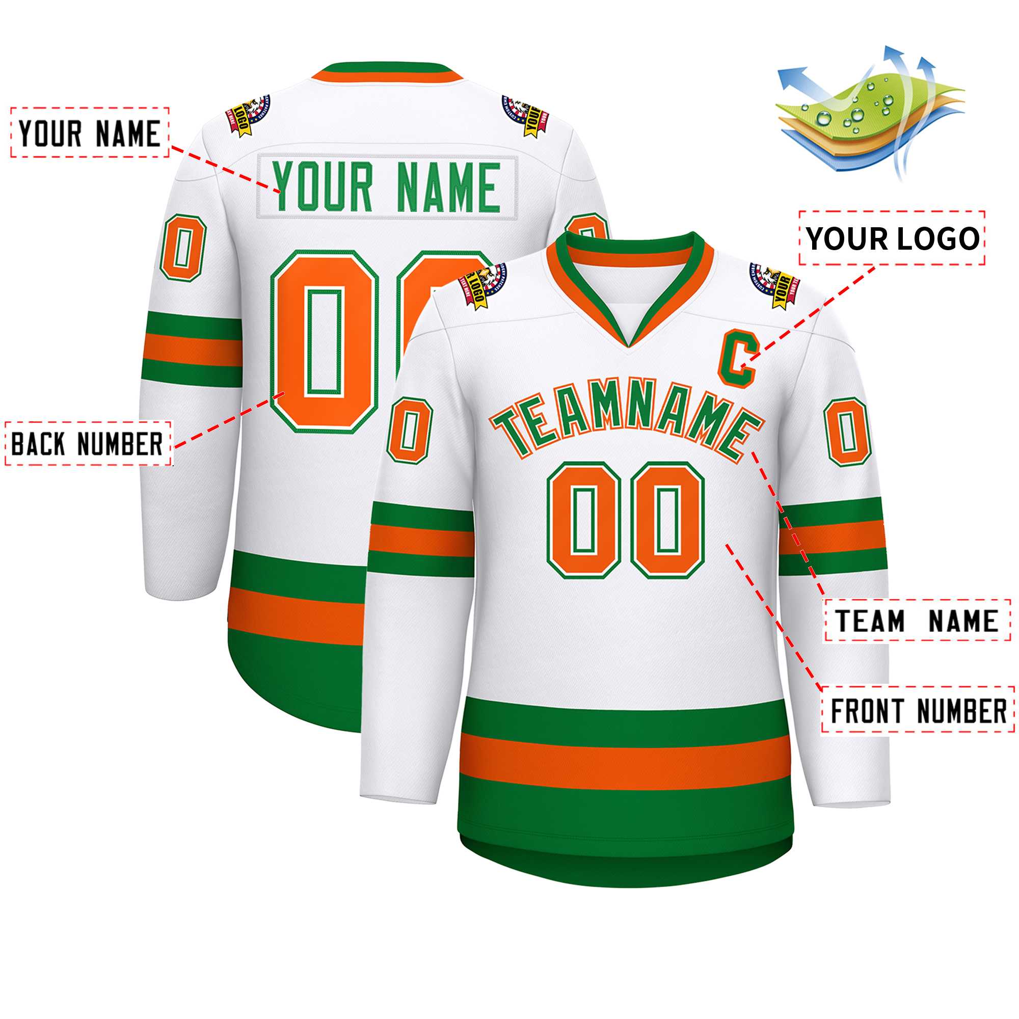 Maillot de hockey personnalisé blanc Kelly vert blanc-Orange, style classique