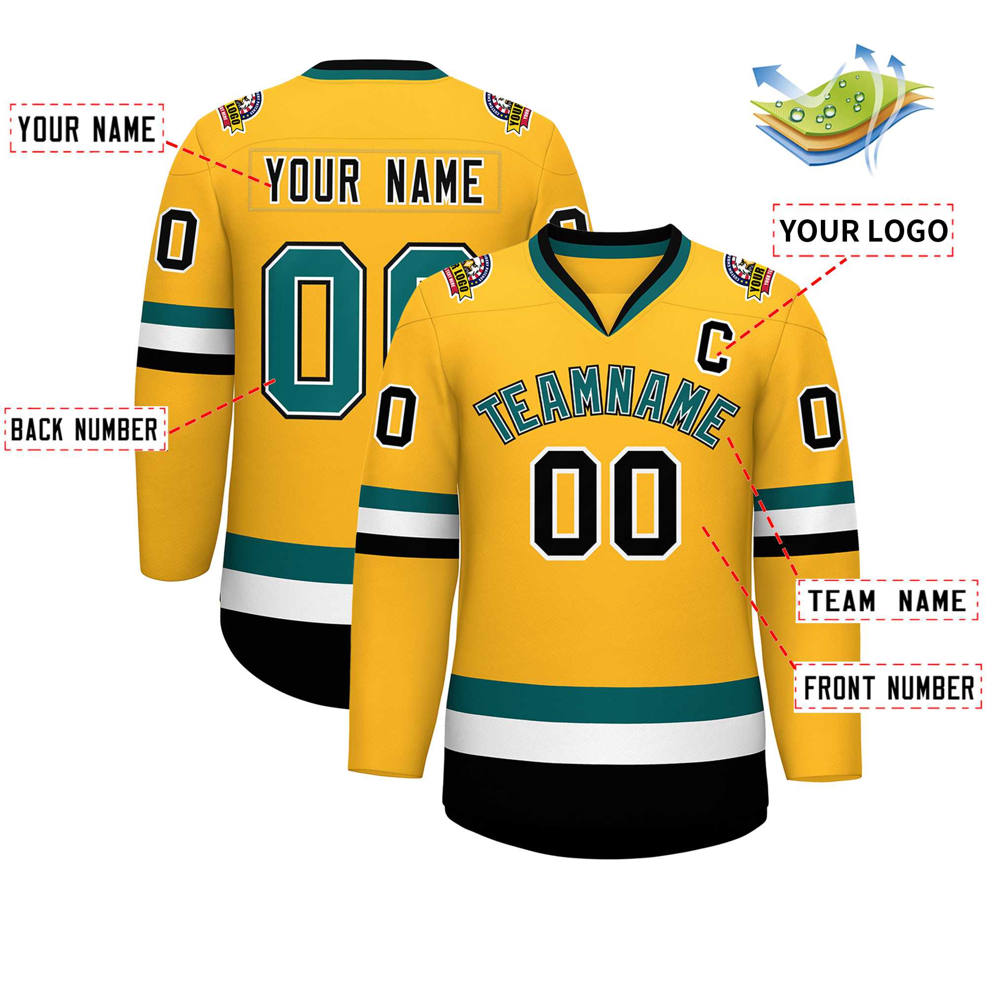 Maillot de hockey de style classique personnalisé Gold Aqua blanc-noir