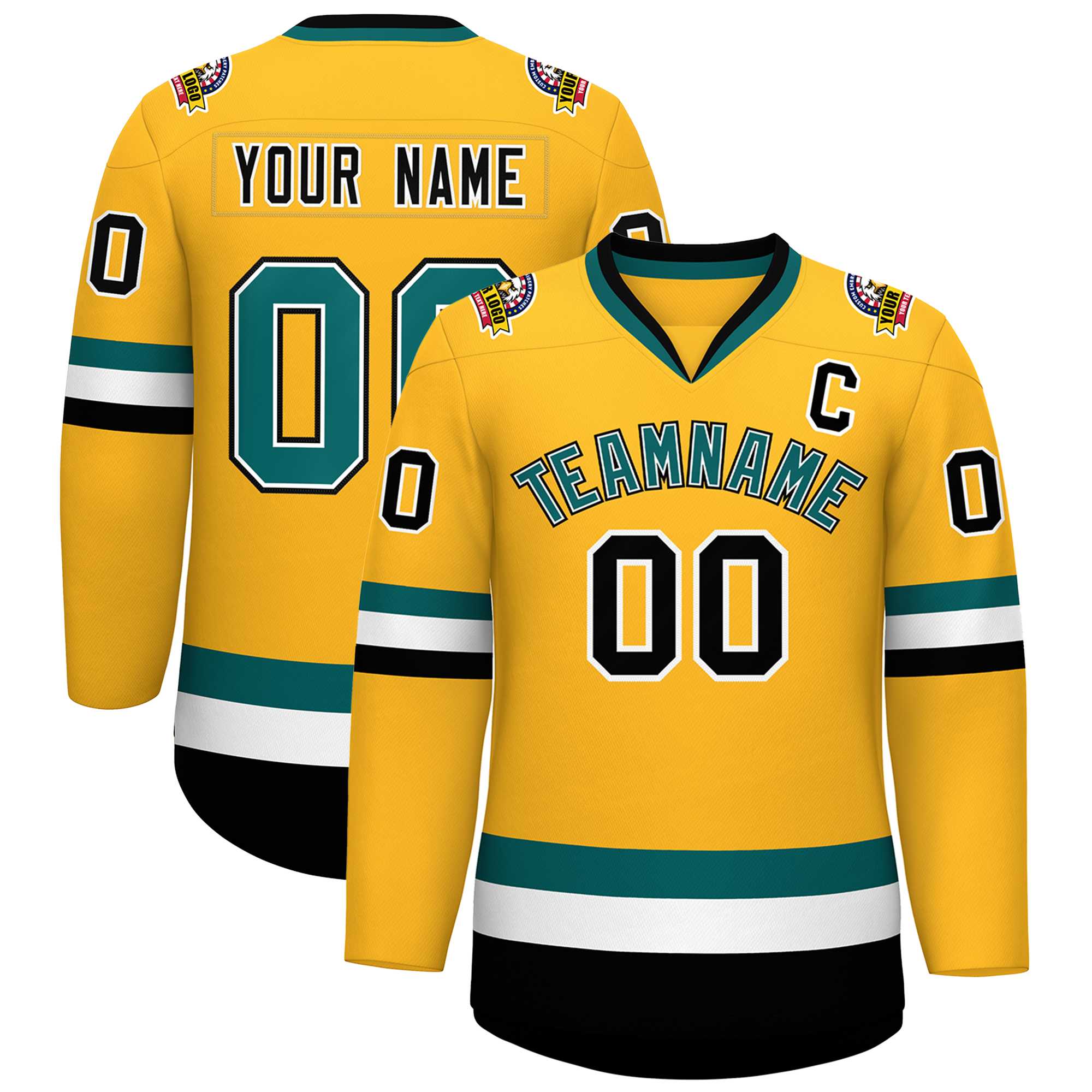 Maillot de hockey de style classique personnalisé Gold Aqua blanc-noir