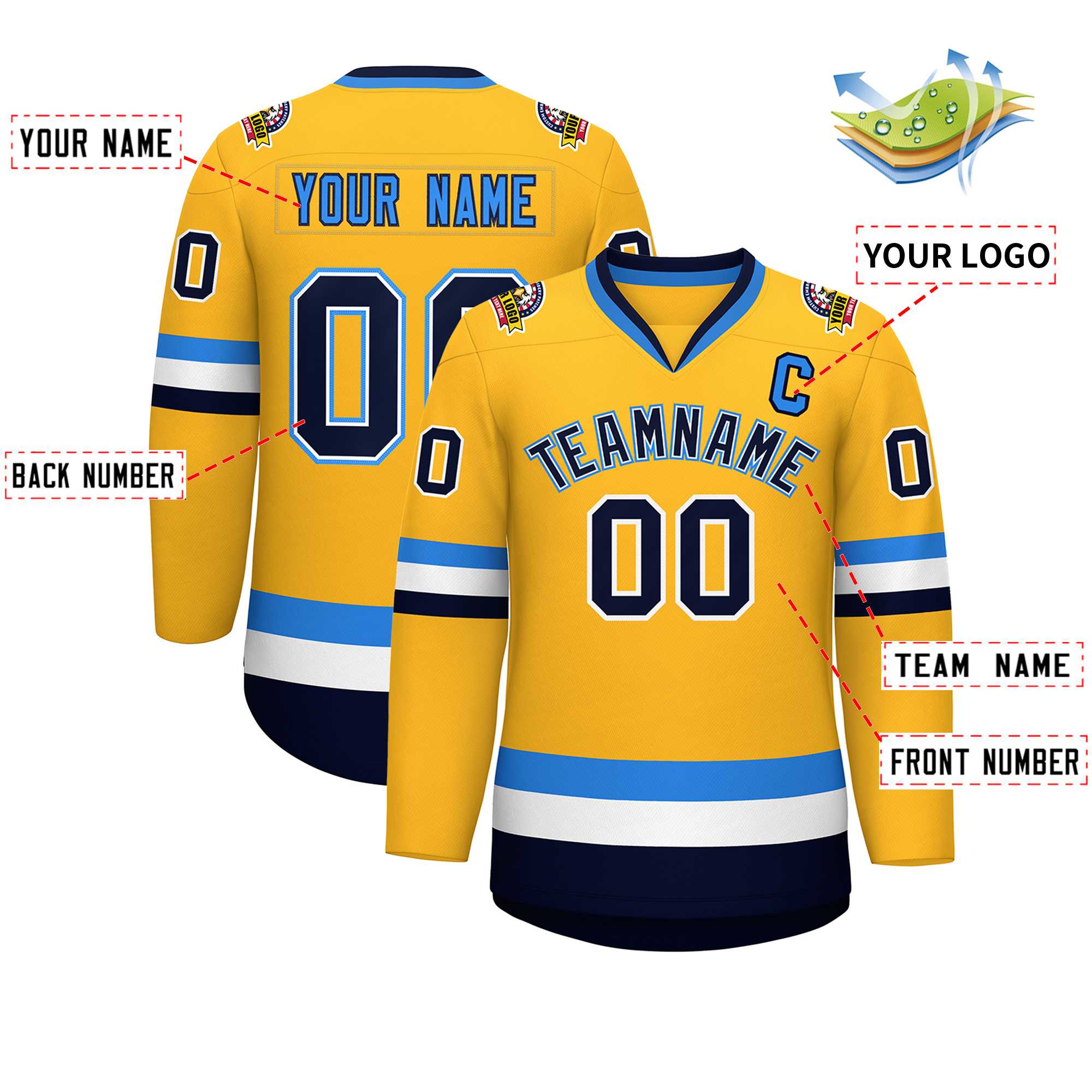 Custom Gold Navy White-Powder Blue Classic Style Hockey Jersey