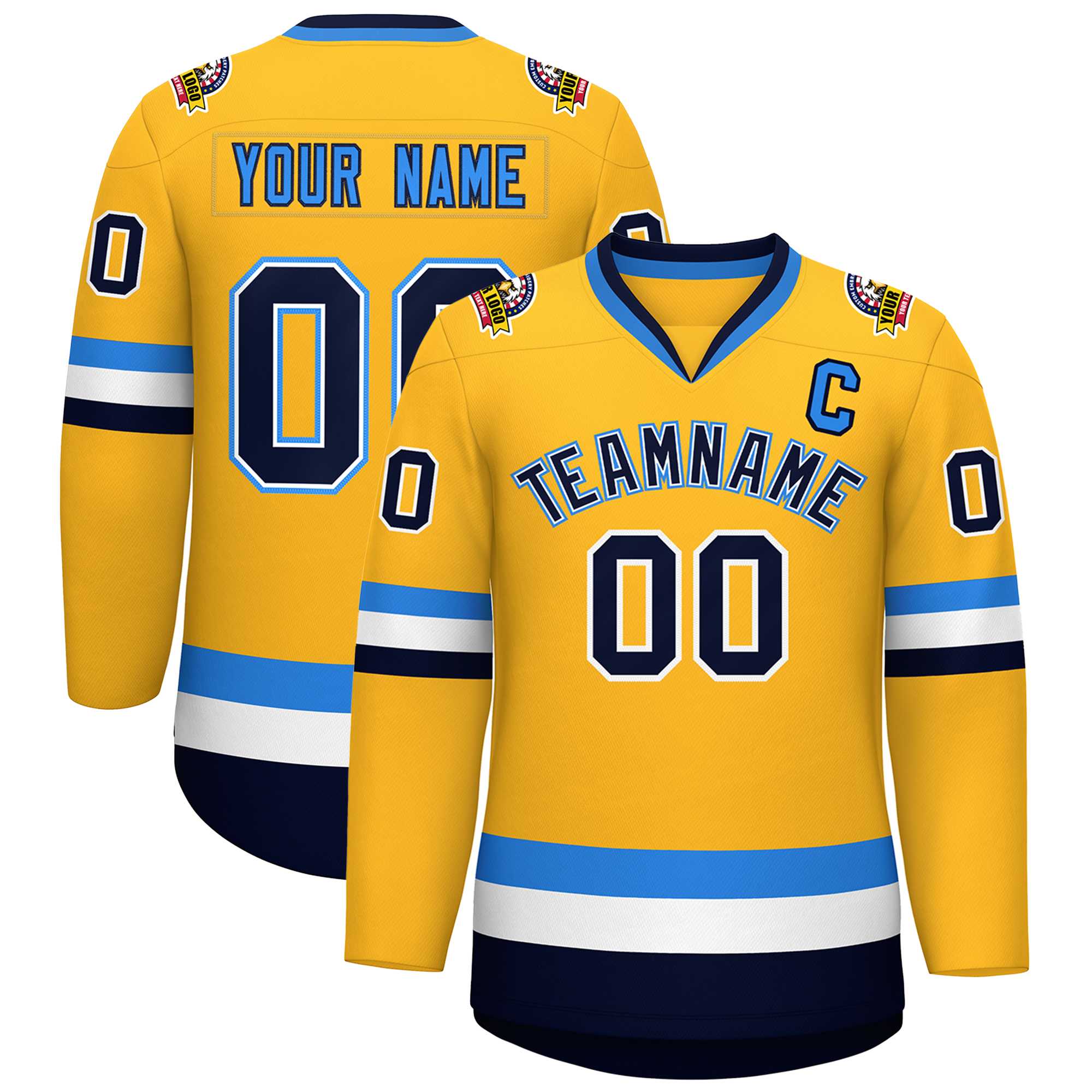 Custom Gold Navy White-Powder Blue Classic Style Hockey Jersey