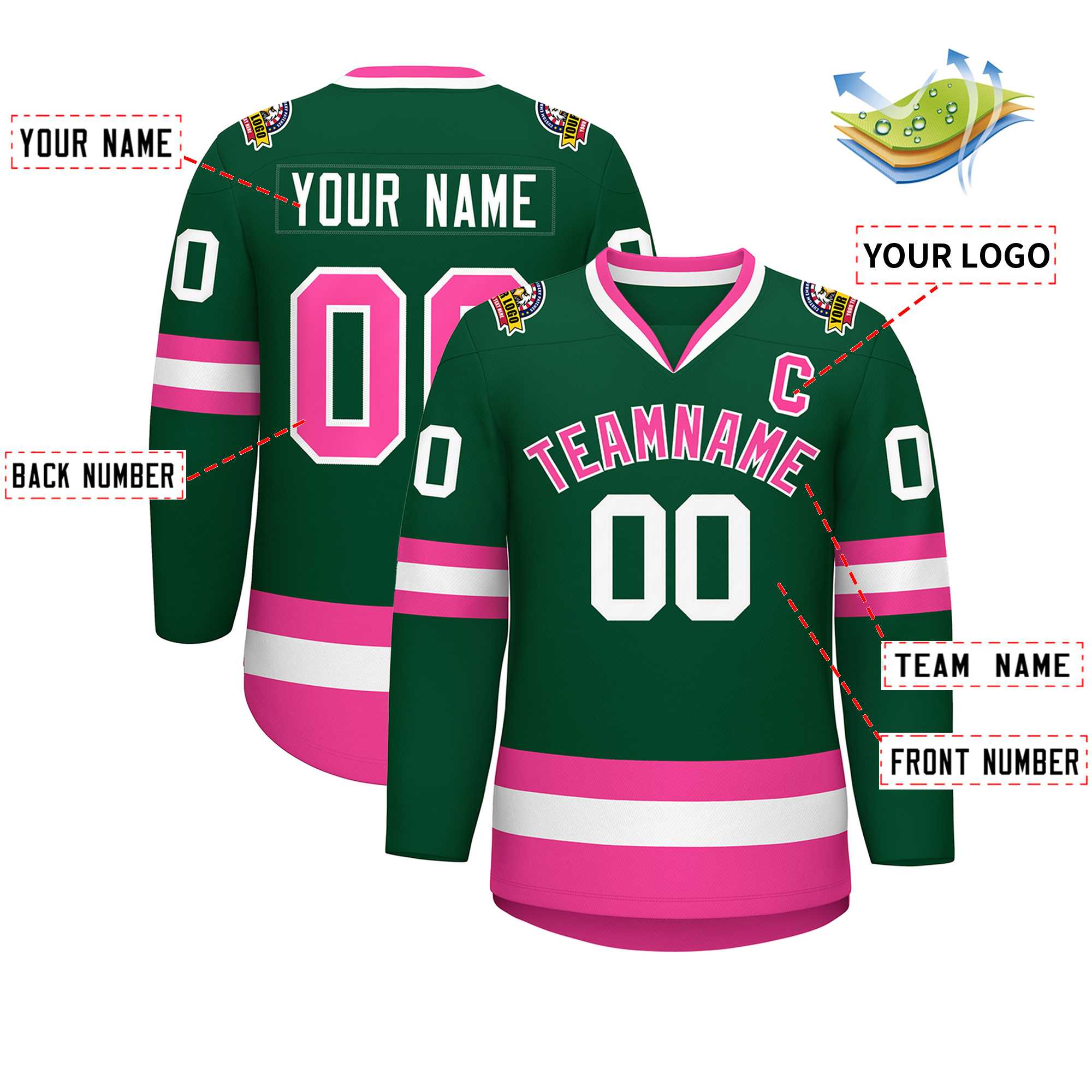 Maillot de hockey de style classique vert rose-blanc personnalisé