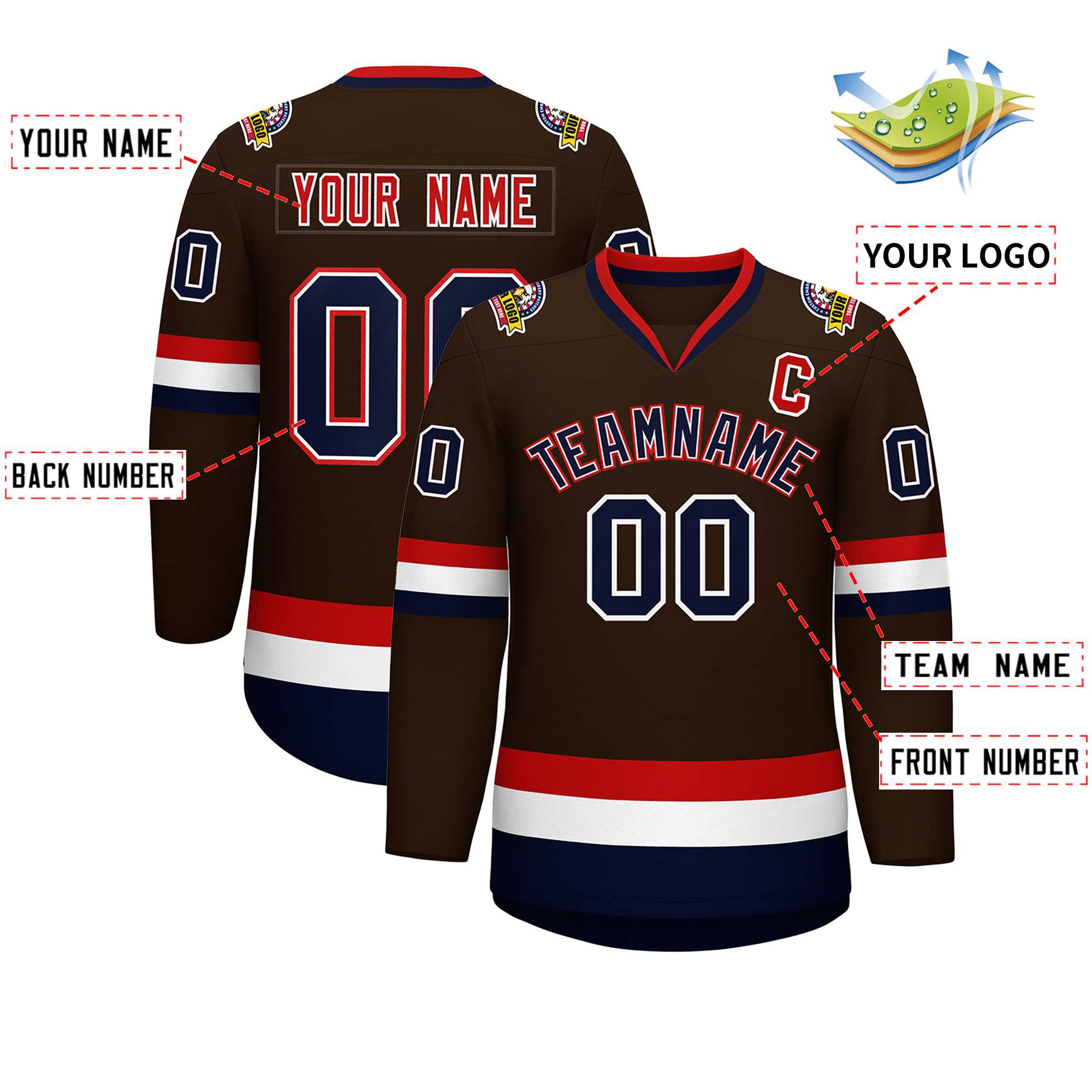 Custom Brown Navy White-Red Classic Style Hockey Jersey