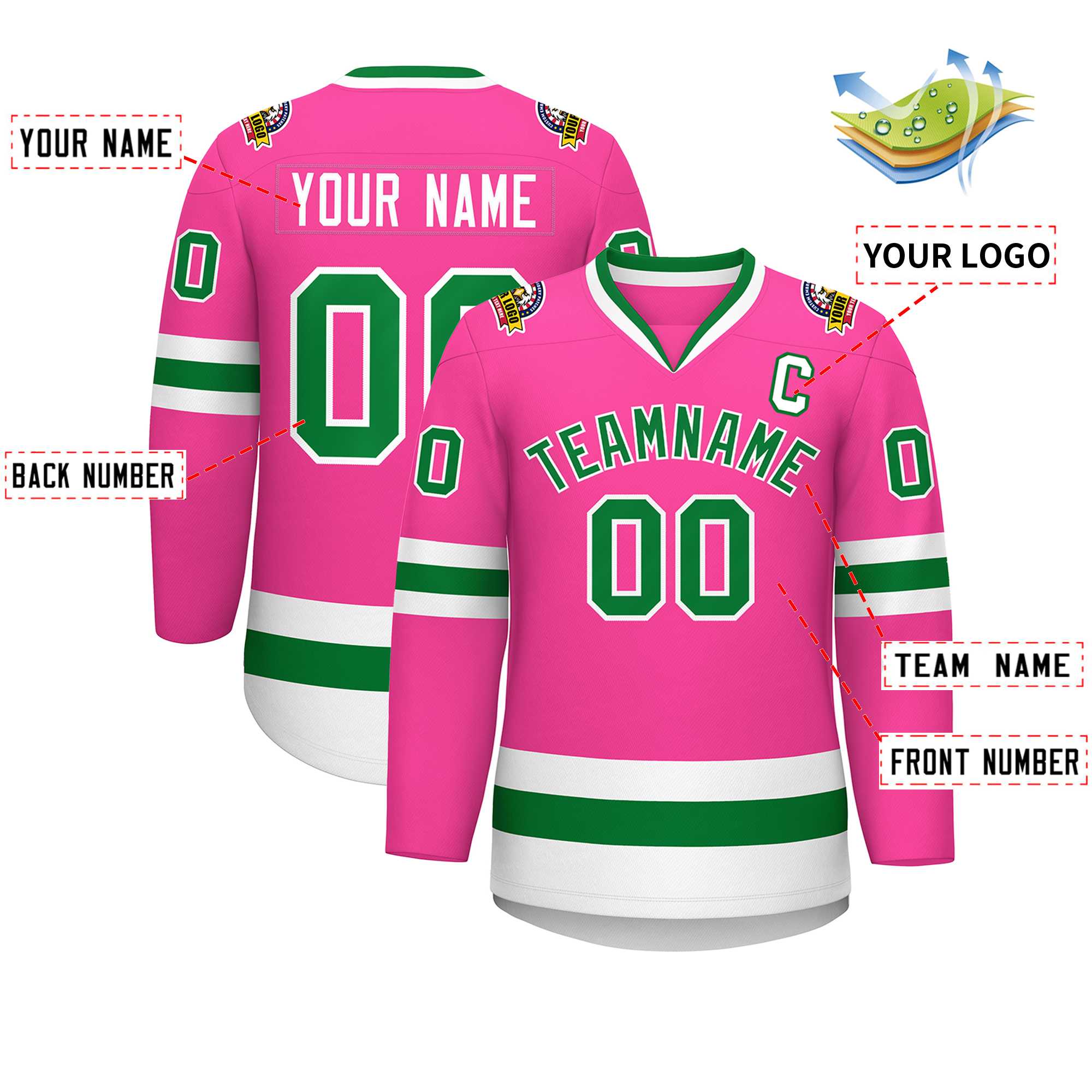 Maillot de hockey de style classique rose Kelly vert-blanc personnalisé