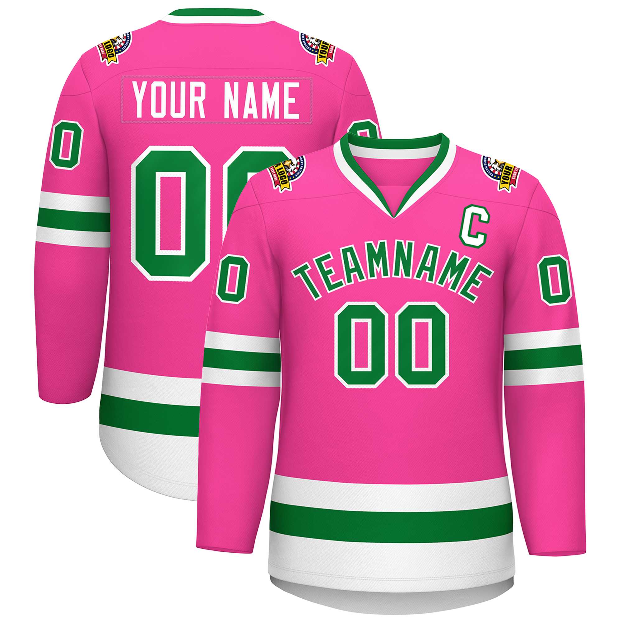 Custom Pink Kelly Green-White Classic Style Hockey Jersey