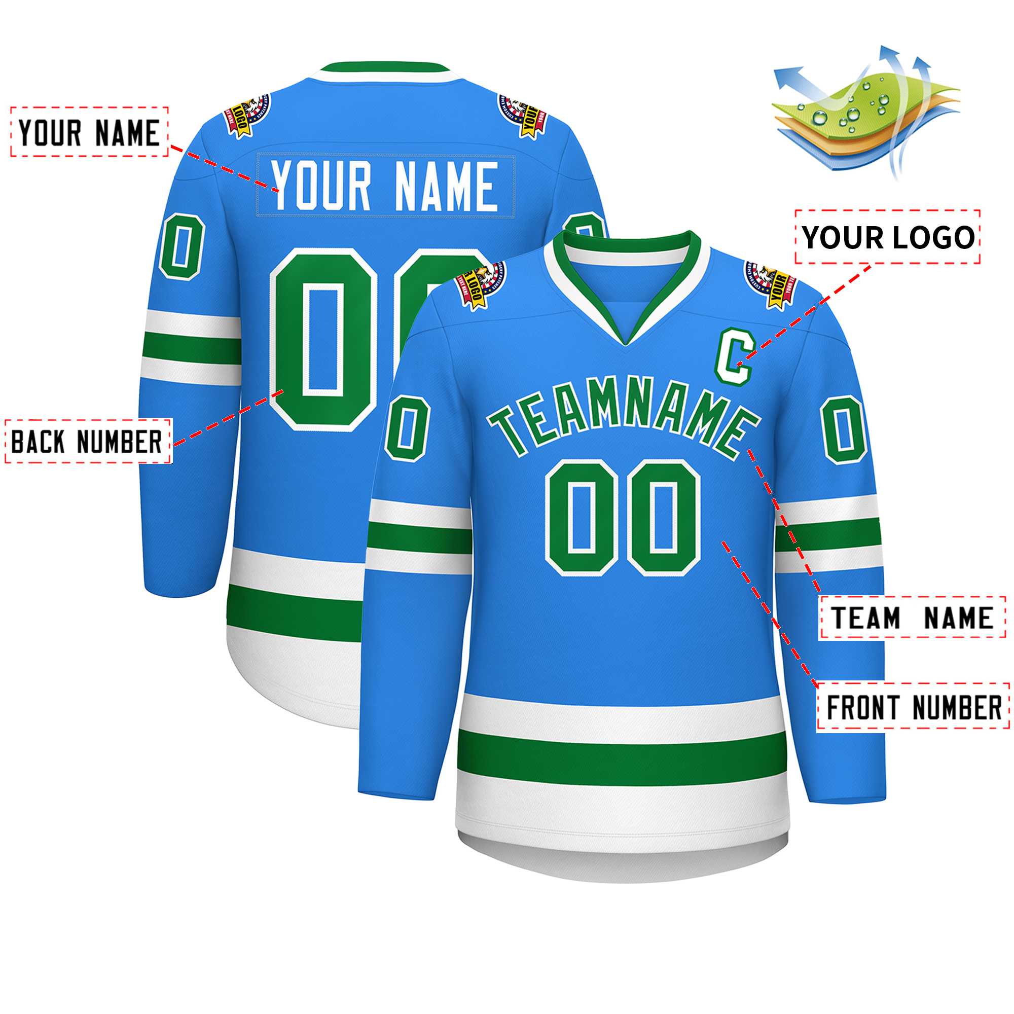 Custom Powder Blue Kelly Green-White Classic Style Hockey Jersey