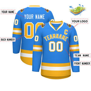 Custom Powder Blue Gold-White Classic Style Hockey Jersey