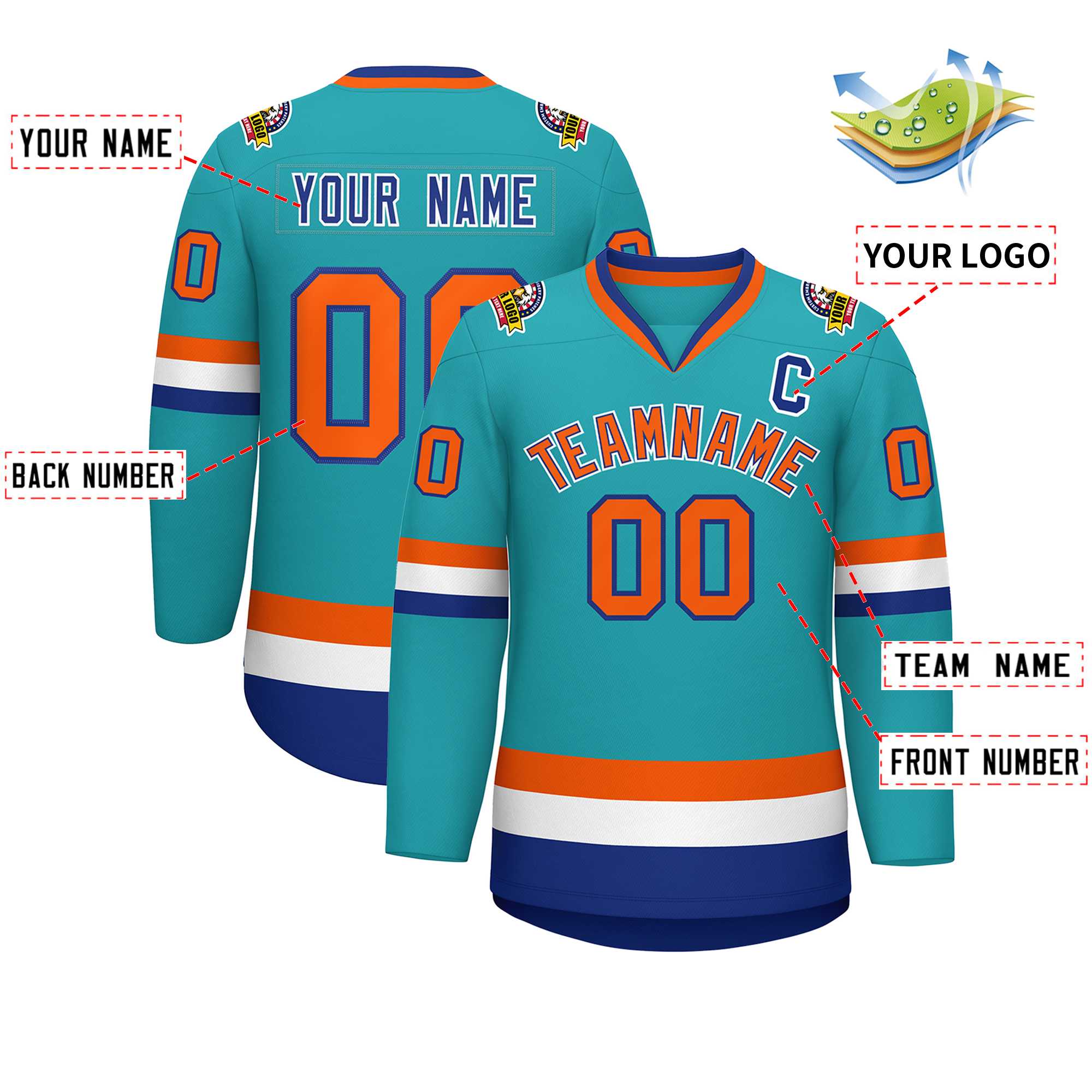 Maillot de hockey personnalisé de style classique Aqua Orange Royal-White