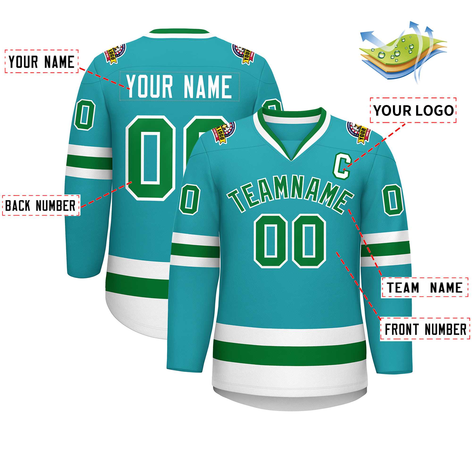 Maillot de hockey de style classique Aqua Kelly personnalisé vert-blanc