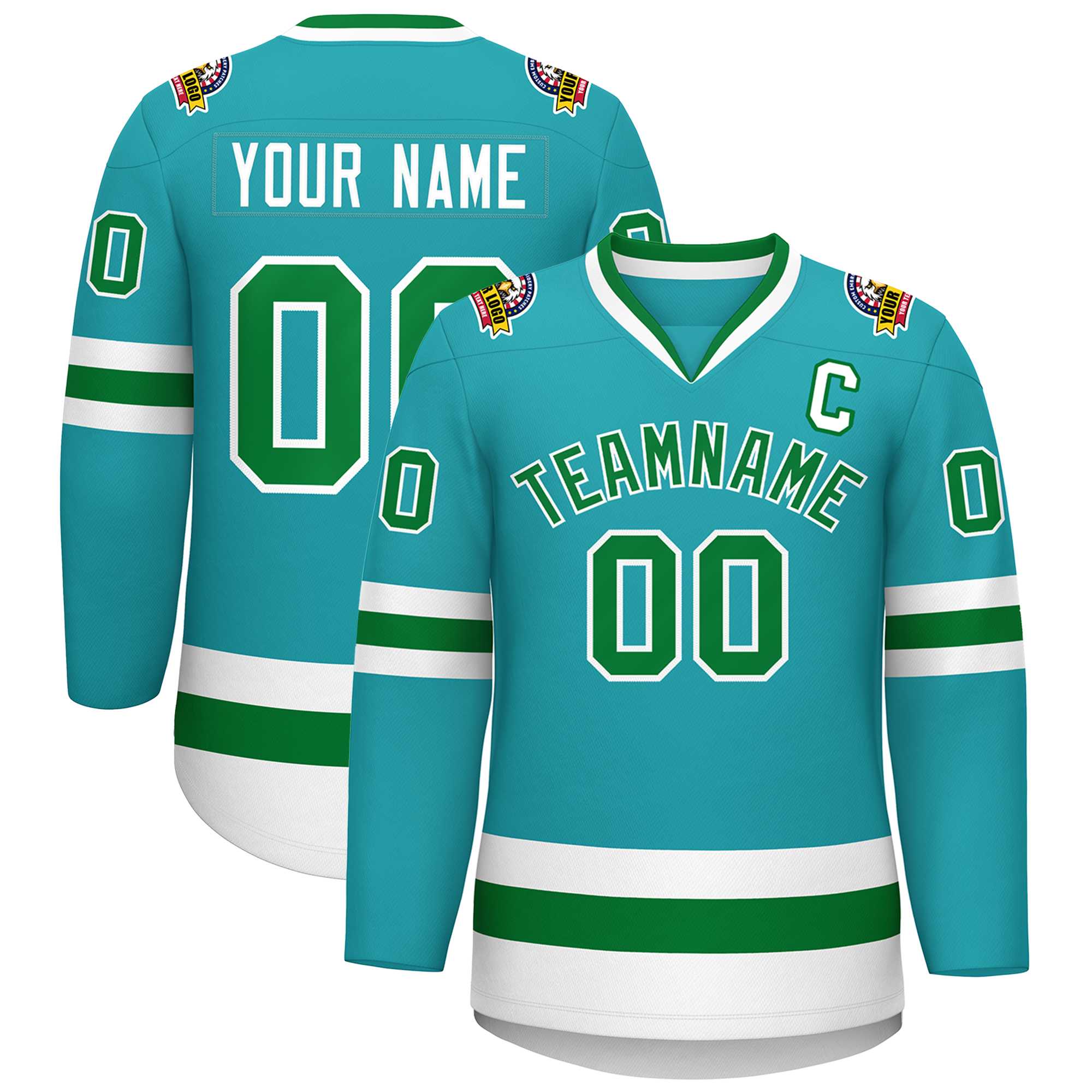 Custom Aqua Kelly Green-White Classic Style Hockey Jersey