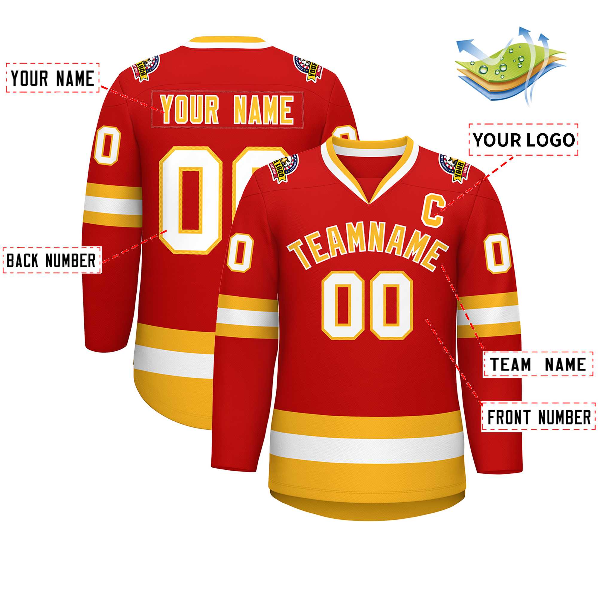 Custom Red Gold-White Classic Style Hockey Jersey