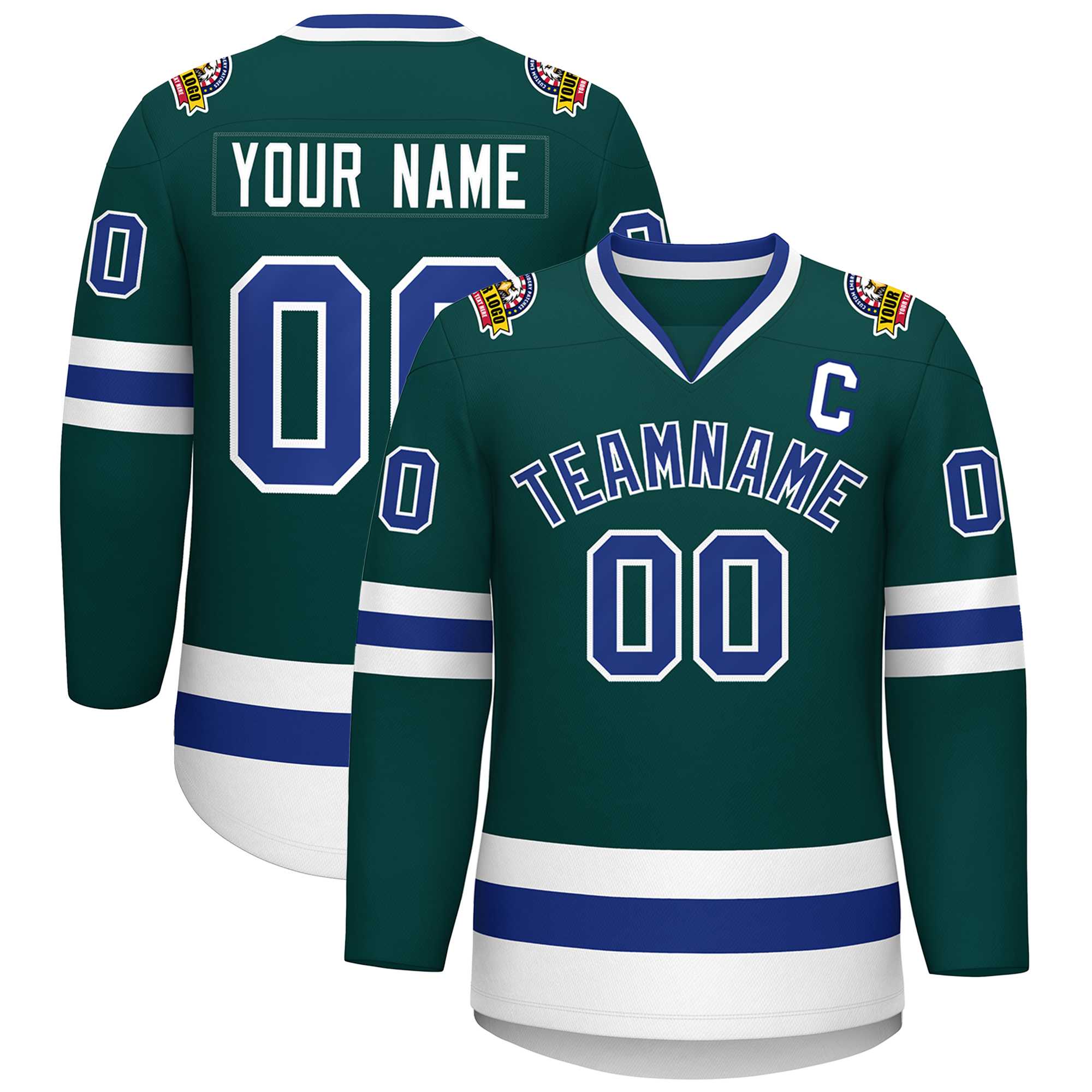 Maillot de hockey personnalisé de style classique, vert minuit, royal-blanc