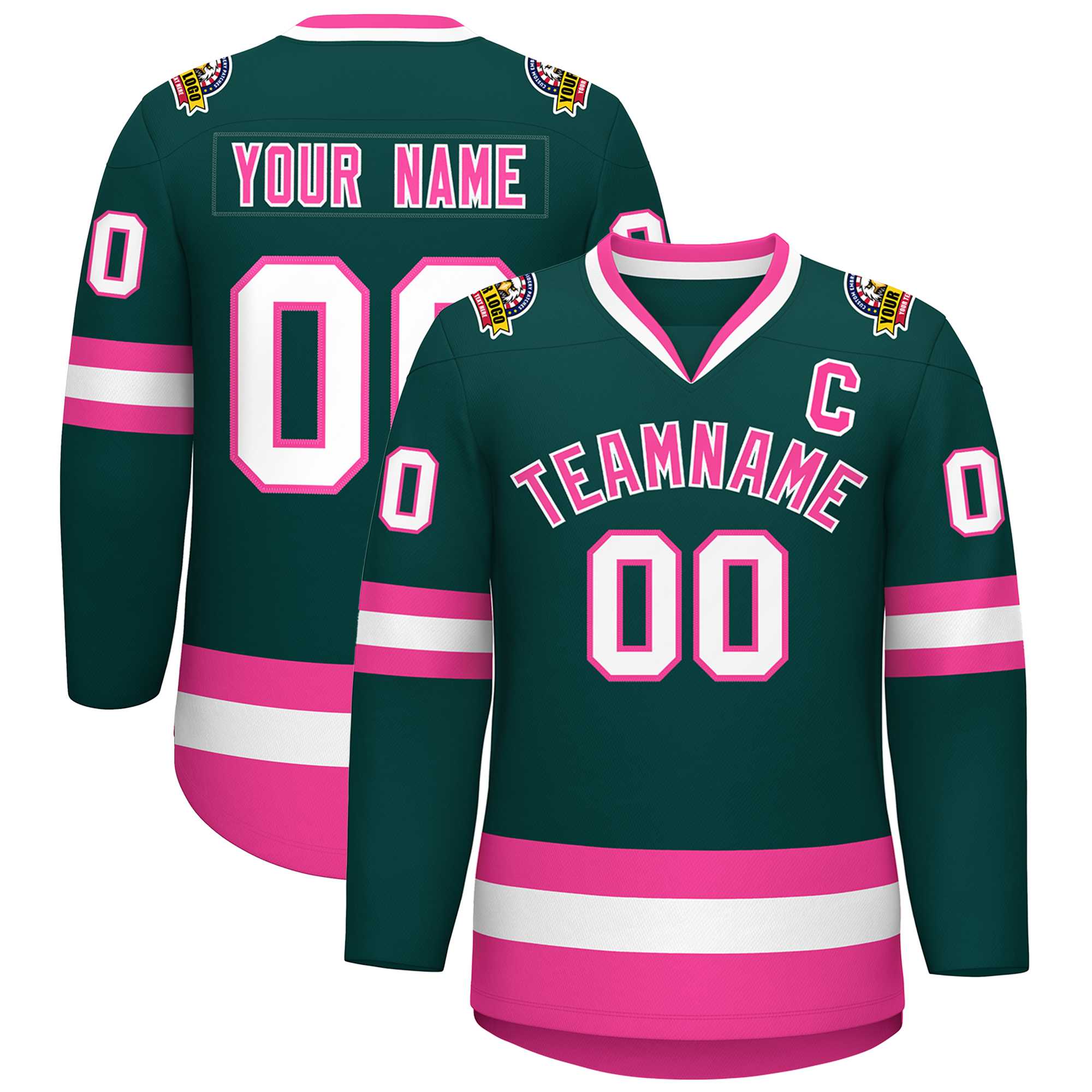 Maillot de hockey de style classique personnalisé vert minuit rose-blanc