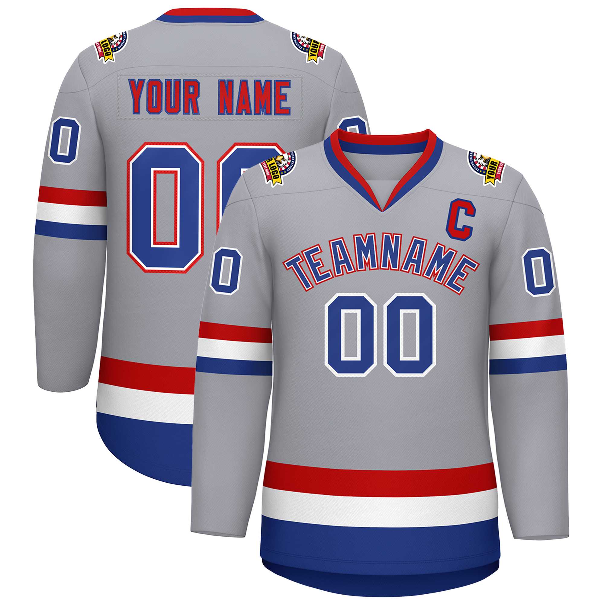 Custom Gray Royal White-Red Classic Style Hockey Jersey