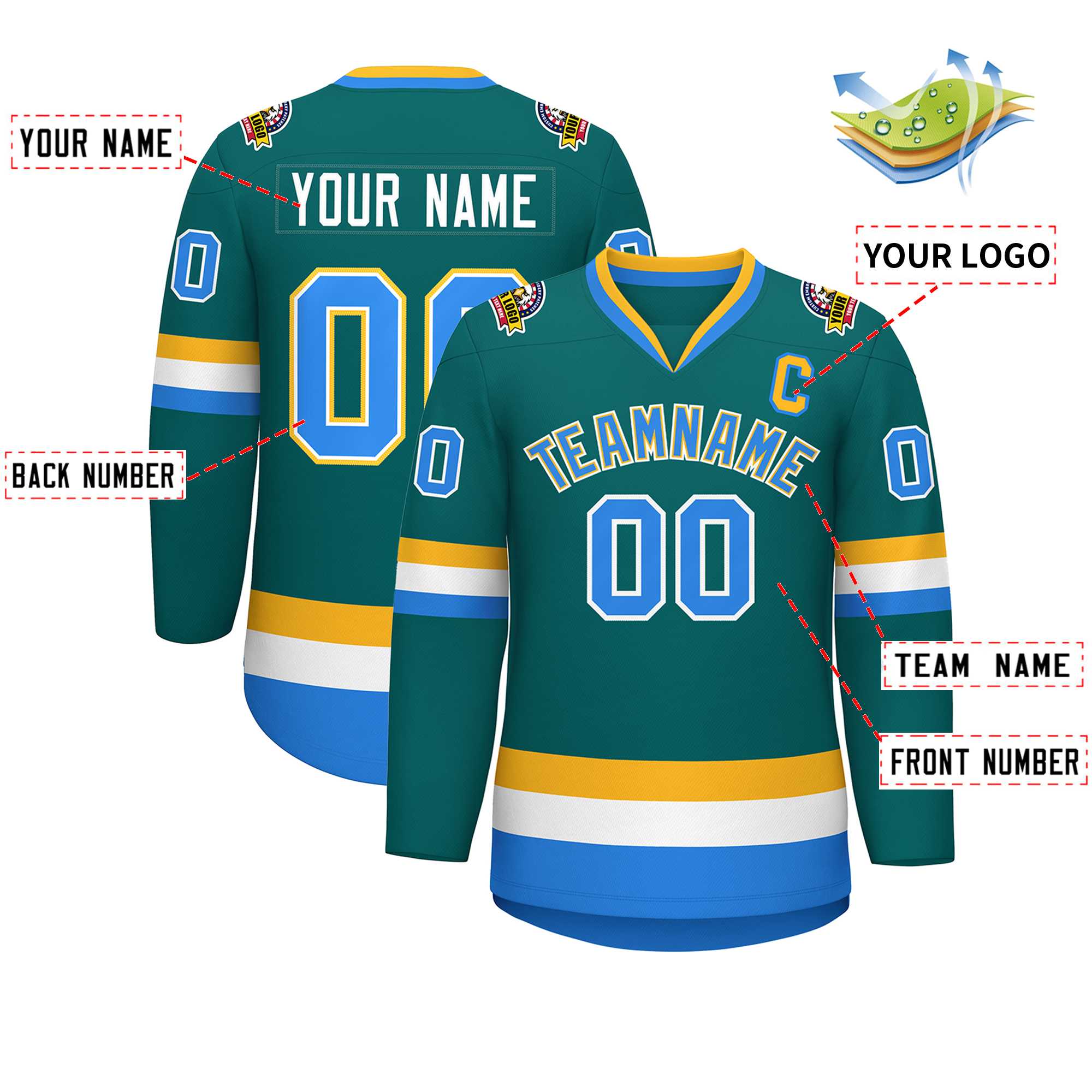 Custom Teal Powder Blue White-Gold Classic Style Hockey Jersey