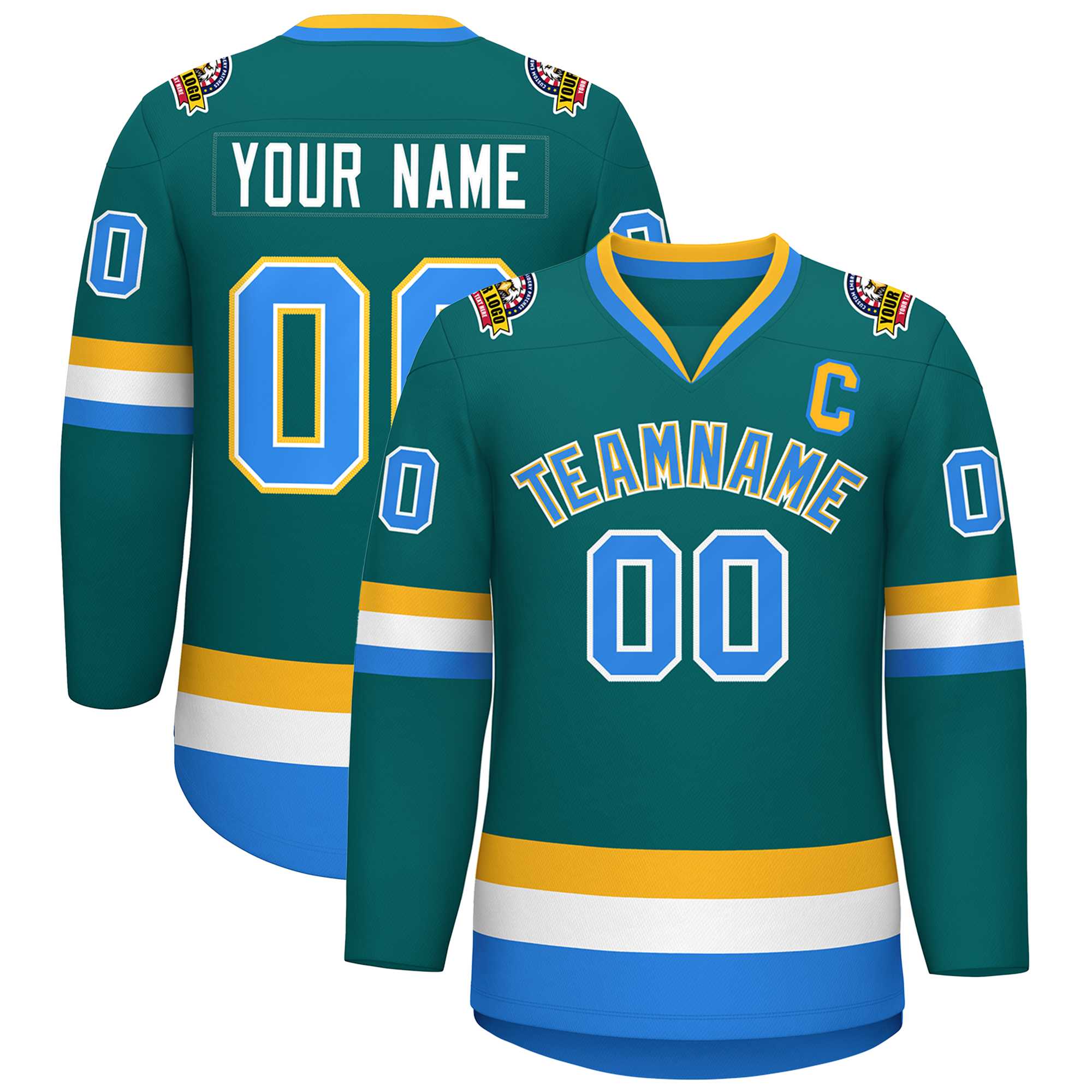 Custom Teal Powder Blue White-Gold Classic Style Hockey Jersey