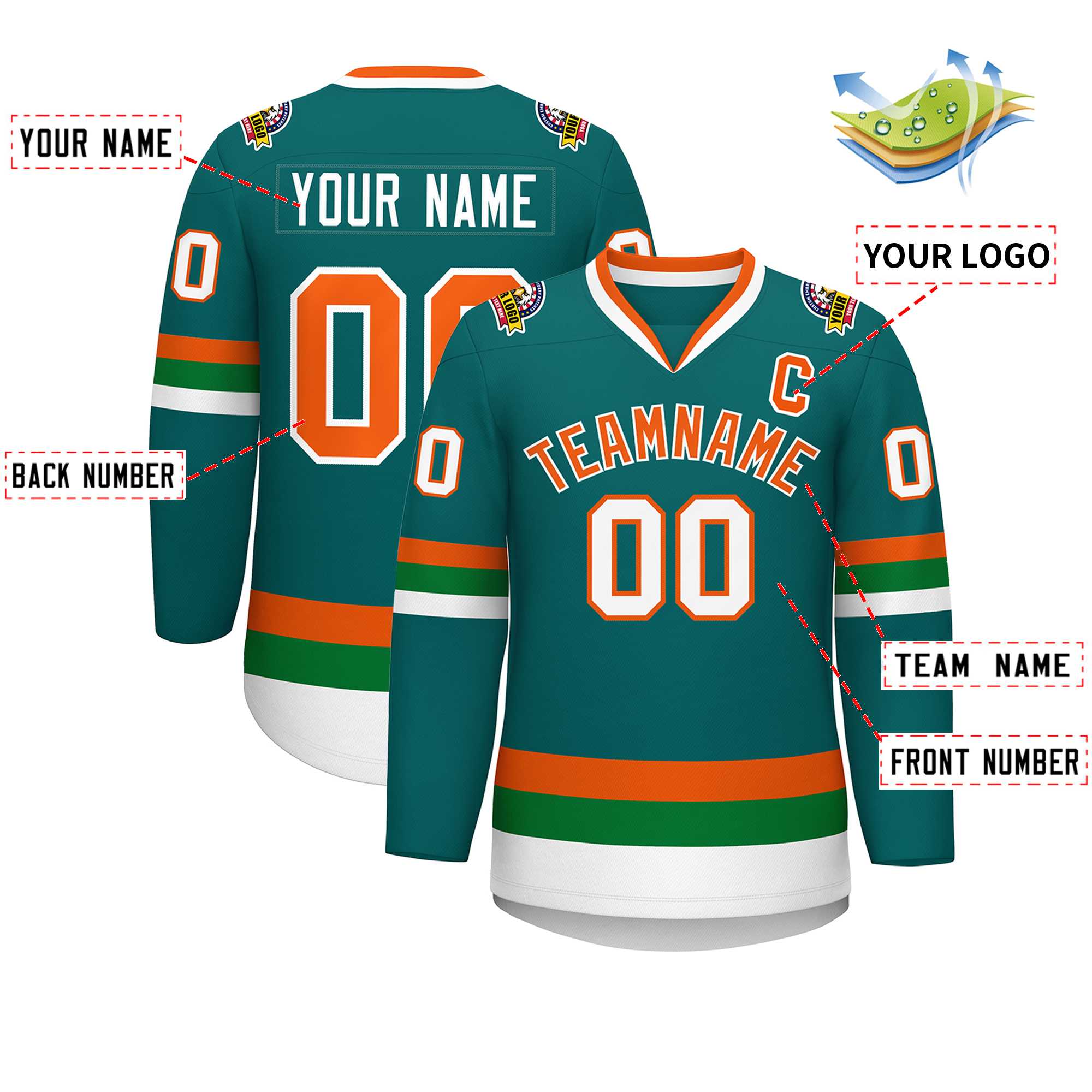 Custom Teal Orange-White Classic Style Hockey Jersey