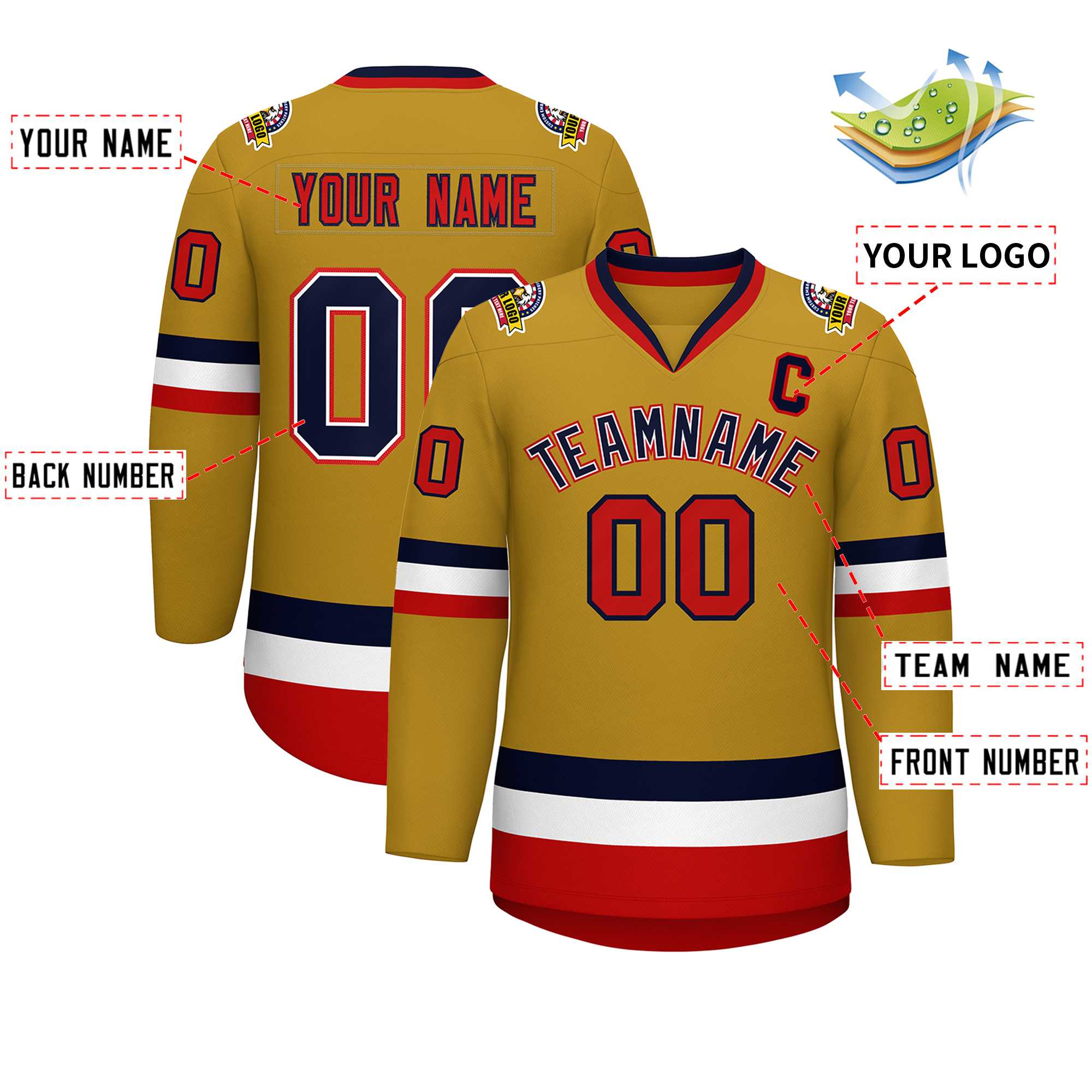 Custom Old Gold Navy White-Red Classic Style Hockey Jersey