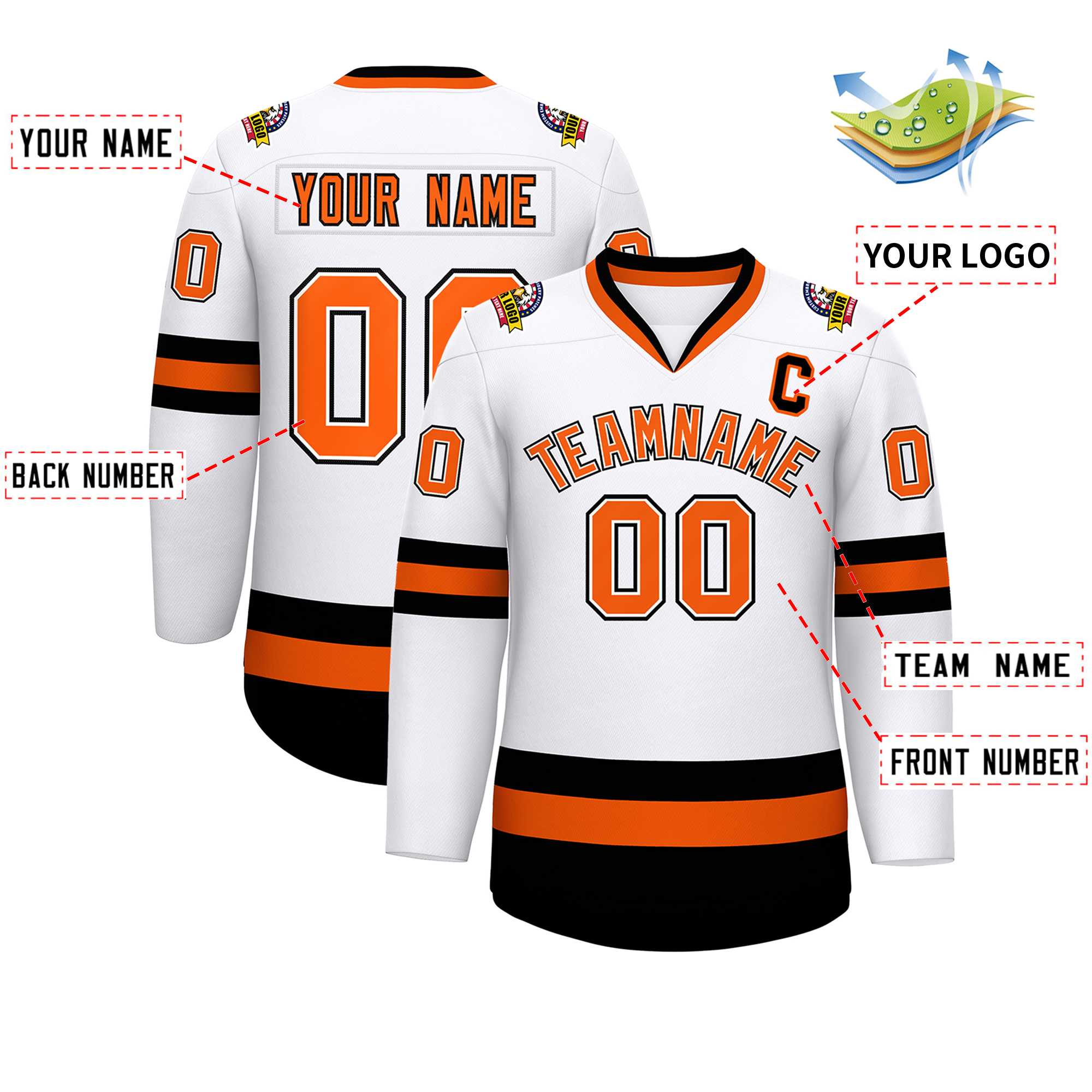 Maillot de hockey de style classique blanc orange blanc-noir personnalisé