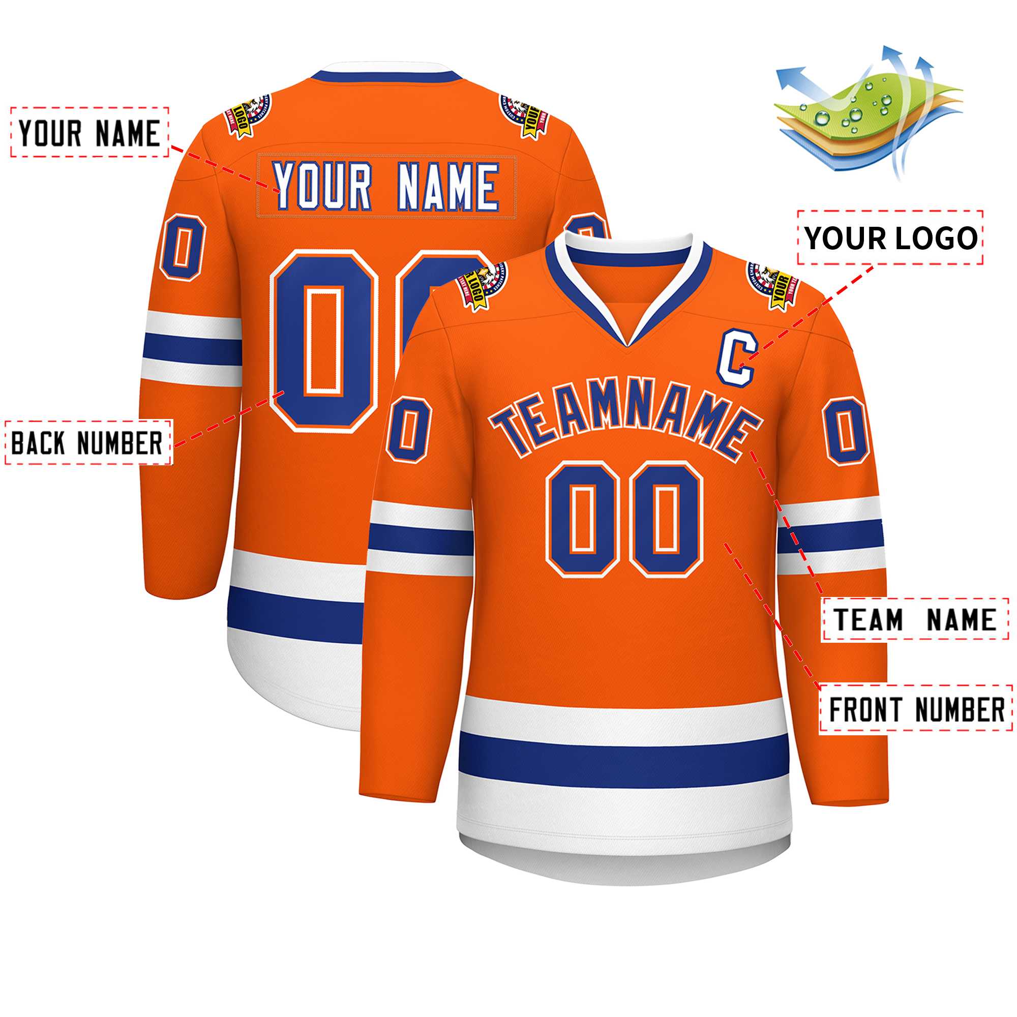 Maillot de hockey de style classique orange royal orange-blanc personnalisé